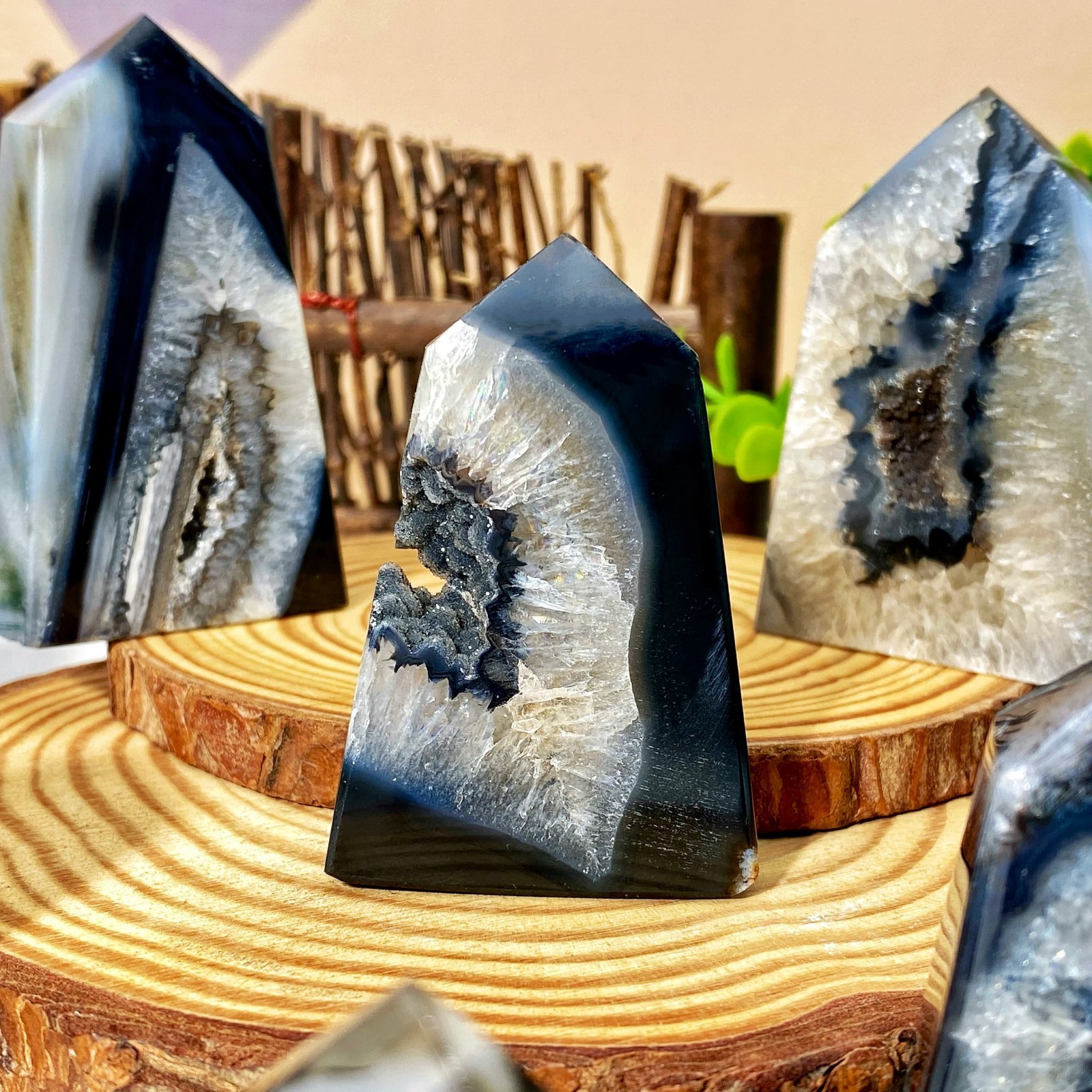 Black Sardonyx Geode Agate Crystal Point Natural Home Decor Holiday Birthday Gif
