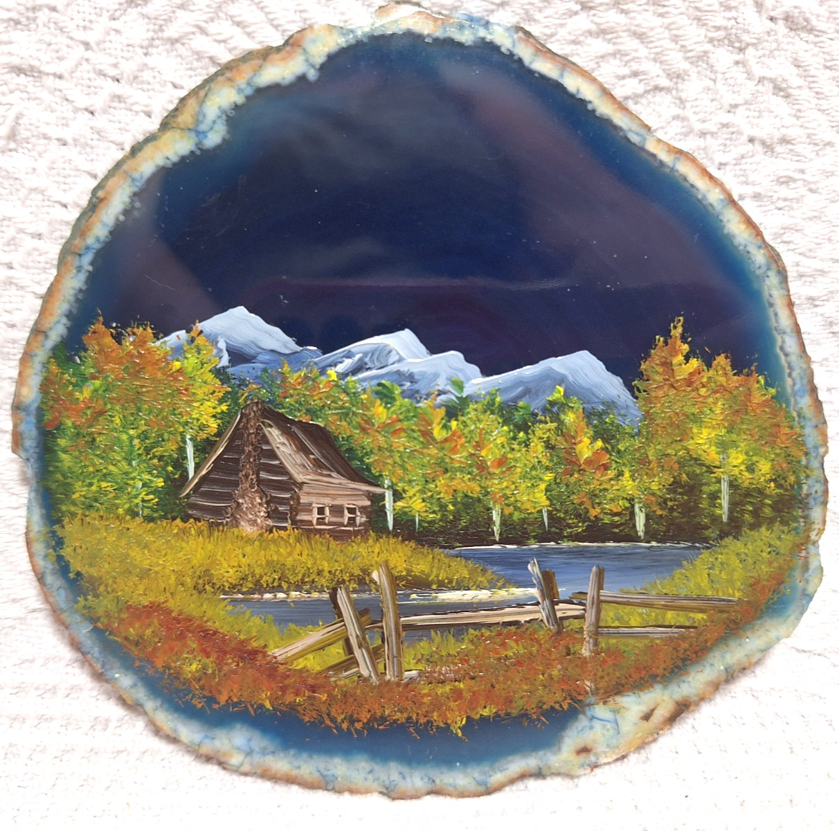 Blue Agate Sliced Geode Banded Quartz, Hand Painted Log Cabin Snow on Mountains