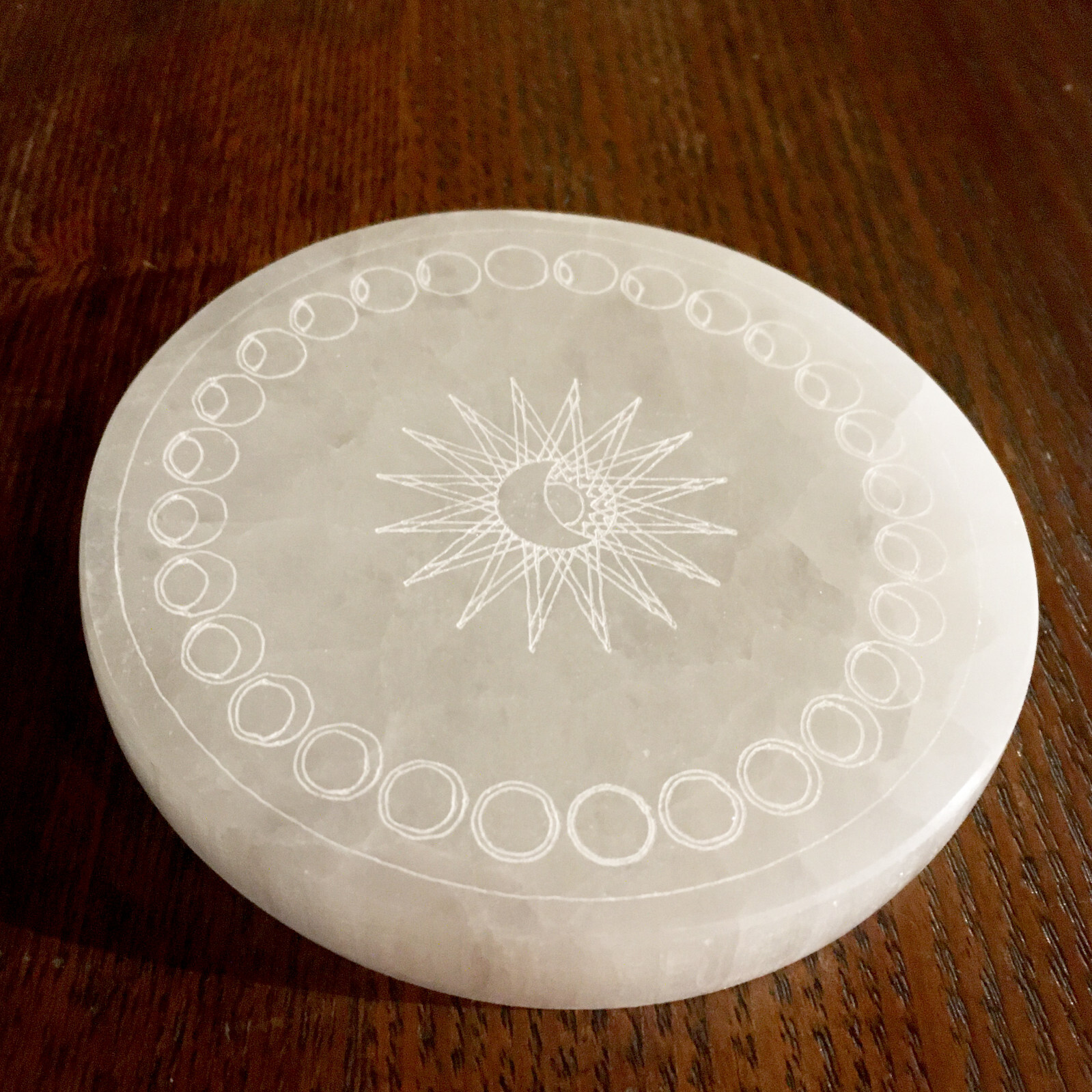 Selenite Crystal Charging Plate 4″ Moon Phases Engraved Circle Disc Reiki Energy