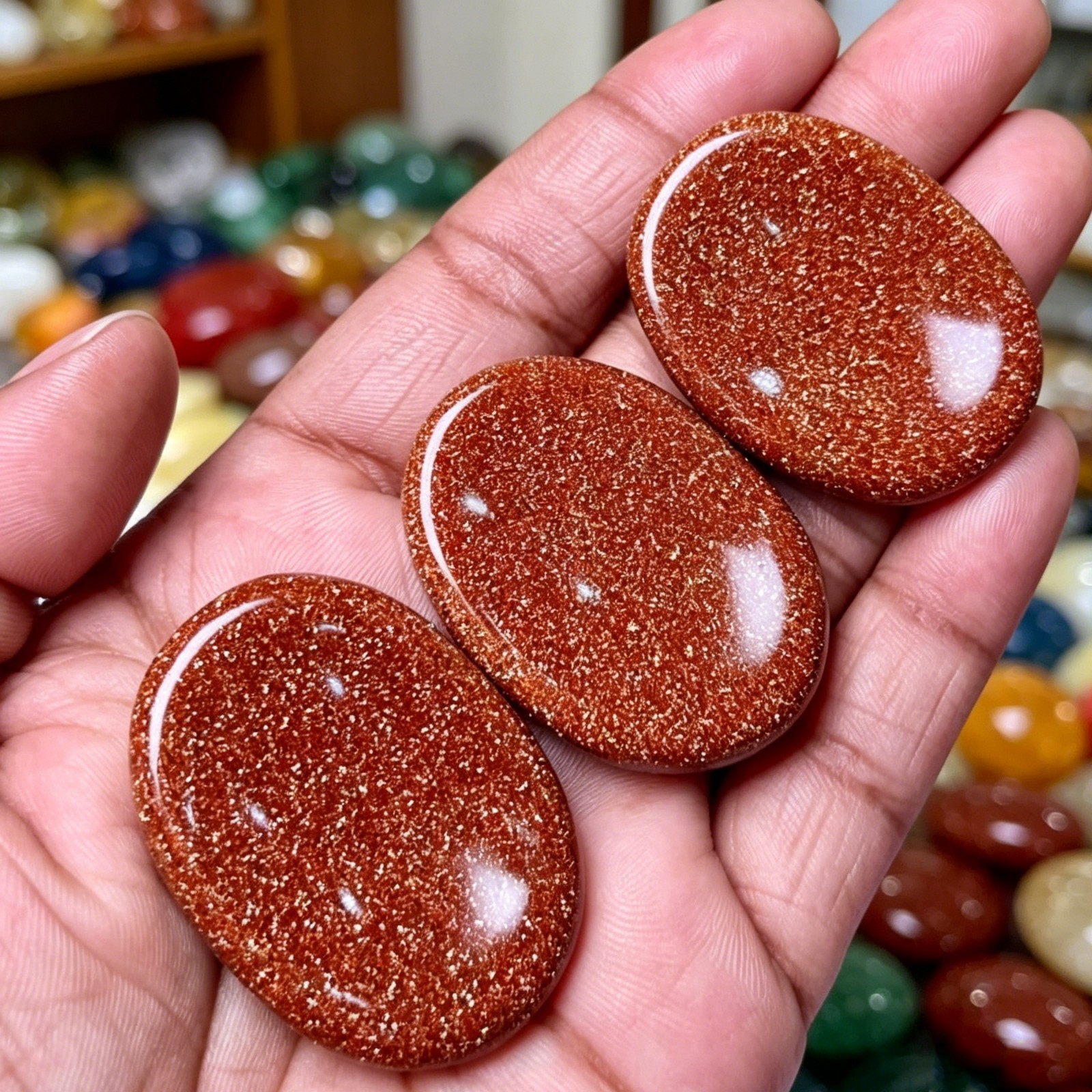 3pcs Natural Red Goldstone Worry Stone Anxiety Relief Pocket Minerals Specimens