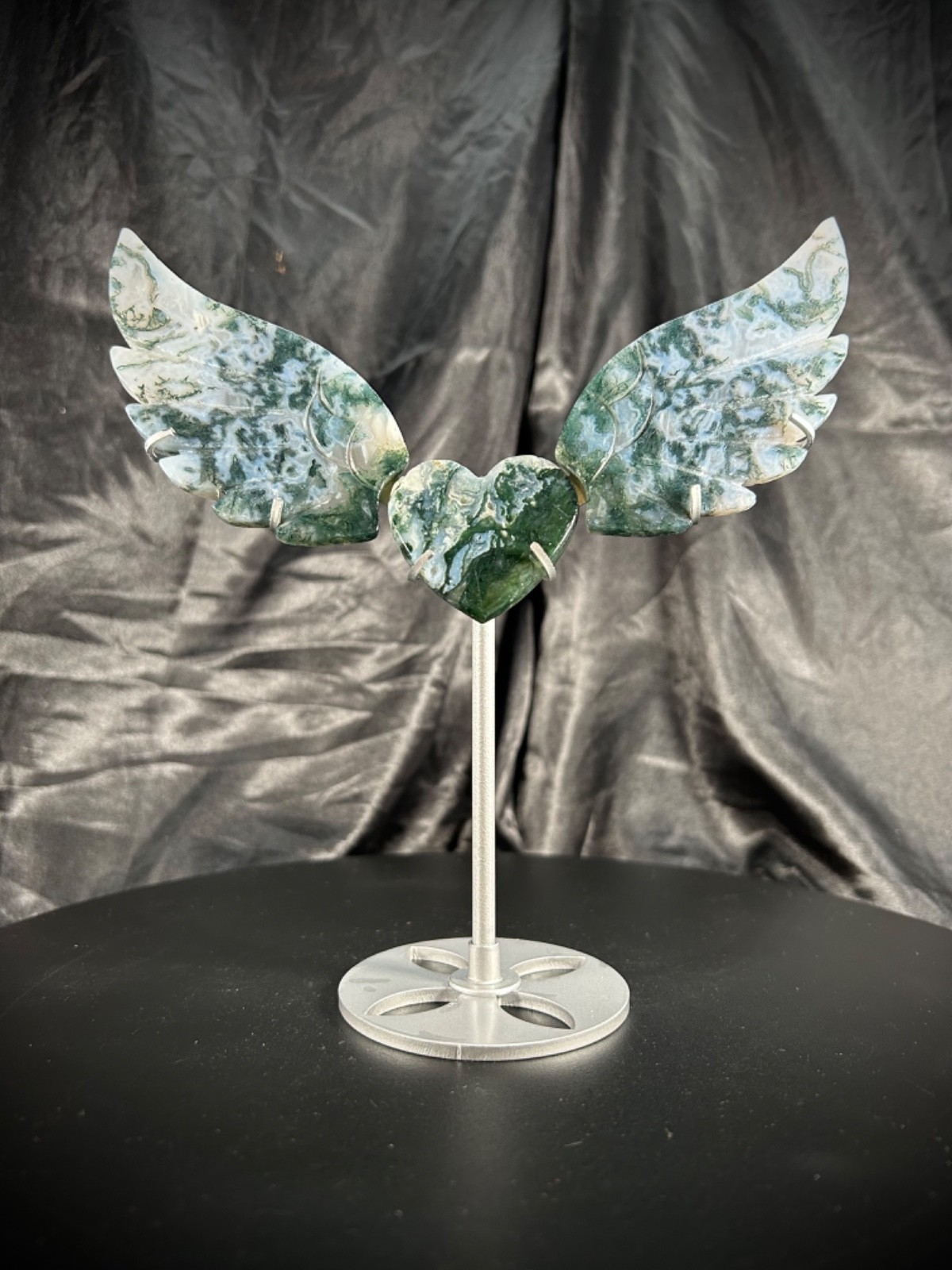 7″ Wingspan Moss Agate Heart/Wings Set With Metal Stand 4.5oz Crystal Weight