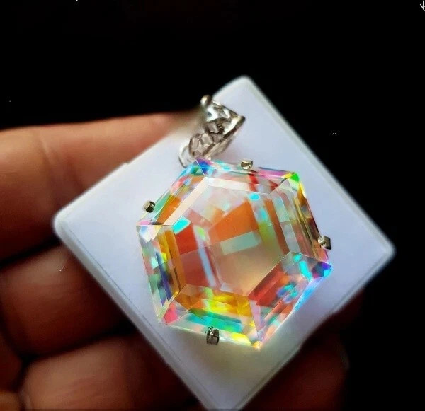 55 Ct+ Lab-Created Mystic Topaz Hexagon Cut 925 Solid Silver Pendant Gemstone