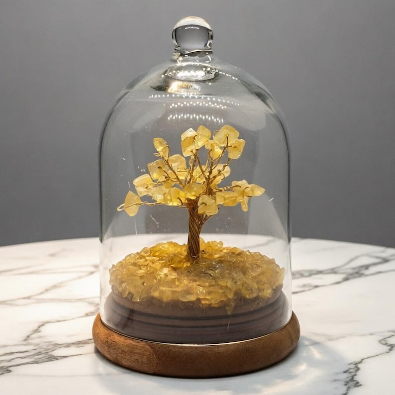 Yellow Aventurine Crystal Tree in Glass Dome | Handmade Gemstone Bonsai