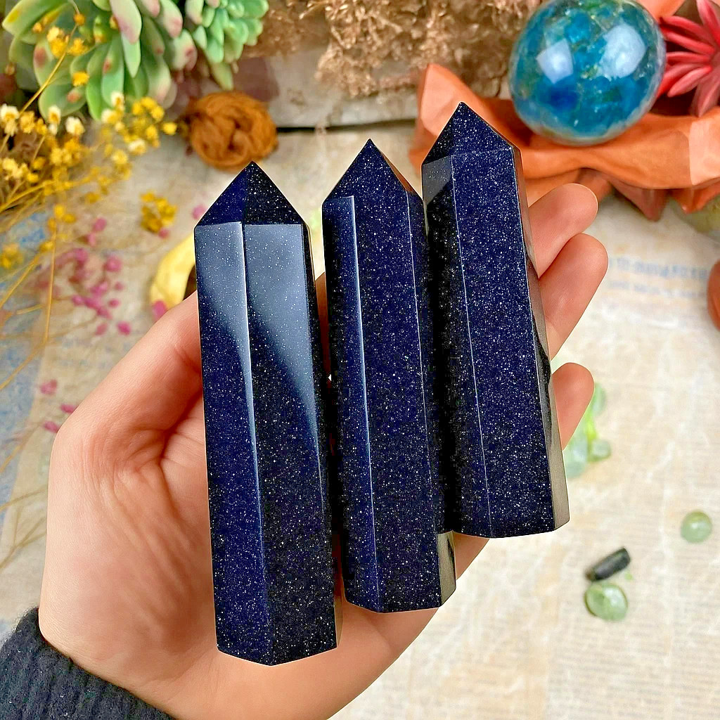Natural Blue Goldstone Healing Crystal Wand Obelisk Reiki Tower Point Home Decor