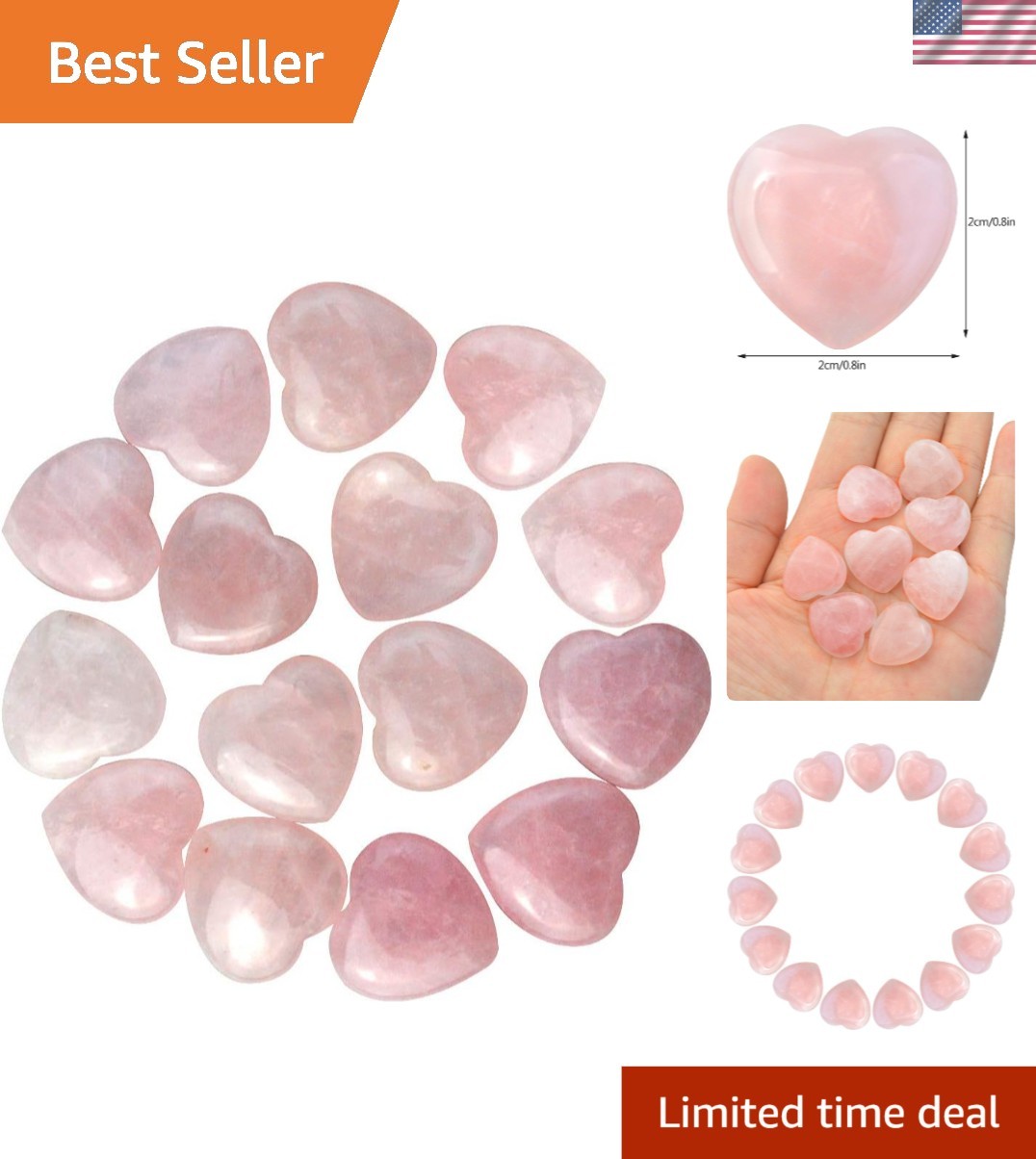15 Pack Natural Rose Stone Heart Healing Crystals – Pocket-Sized 0.8 Inch Stones