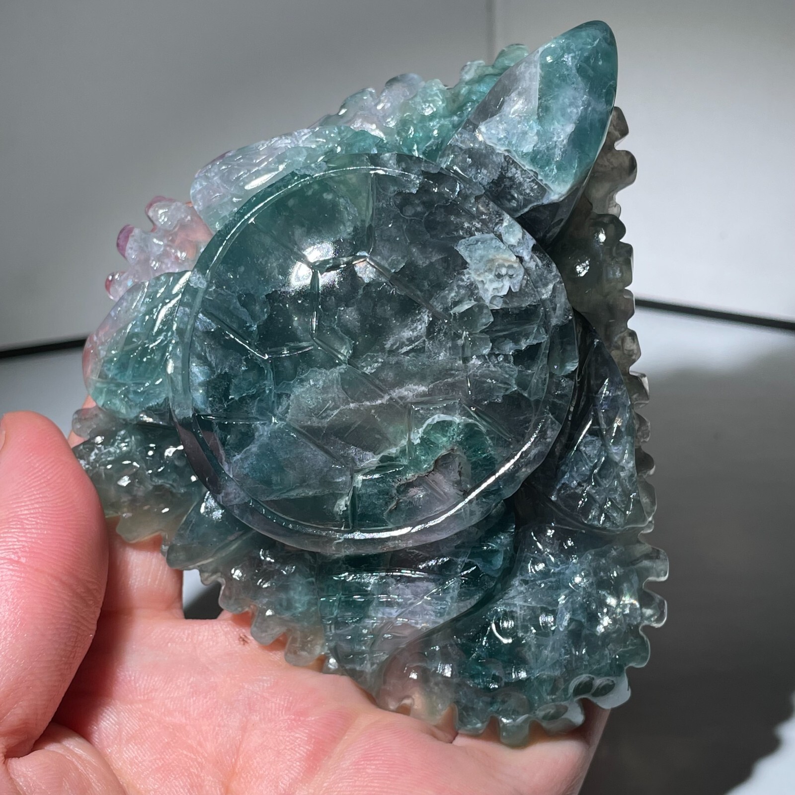 353G Natural Color fluorite Quartz Crystal sea turtle Skull Reiki Healing Gift