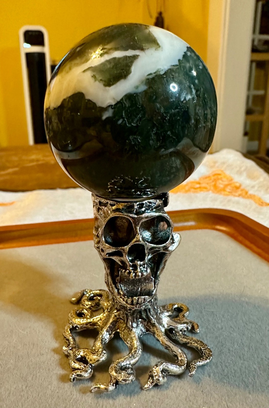 Green moss agate crystal sphere with metal skull stand Free shipping