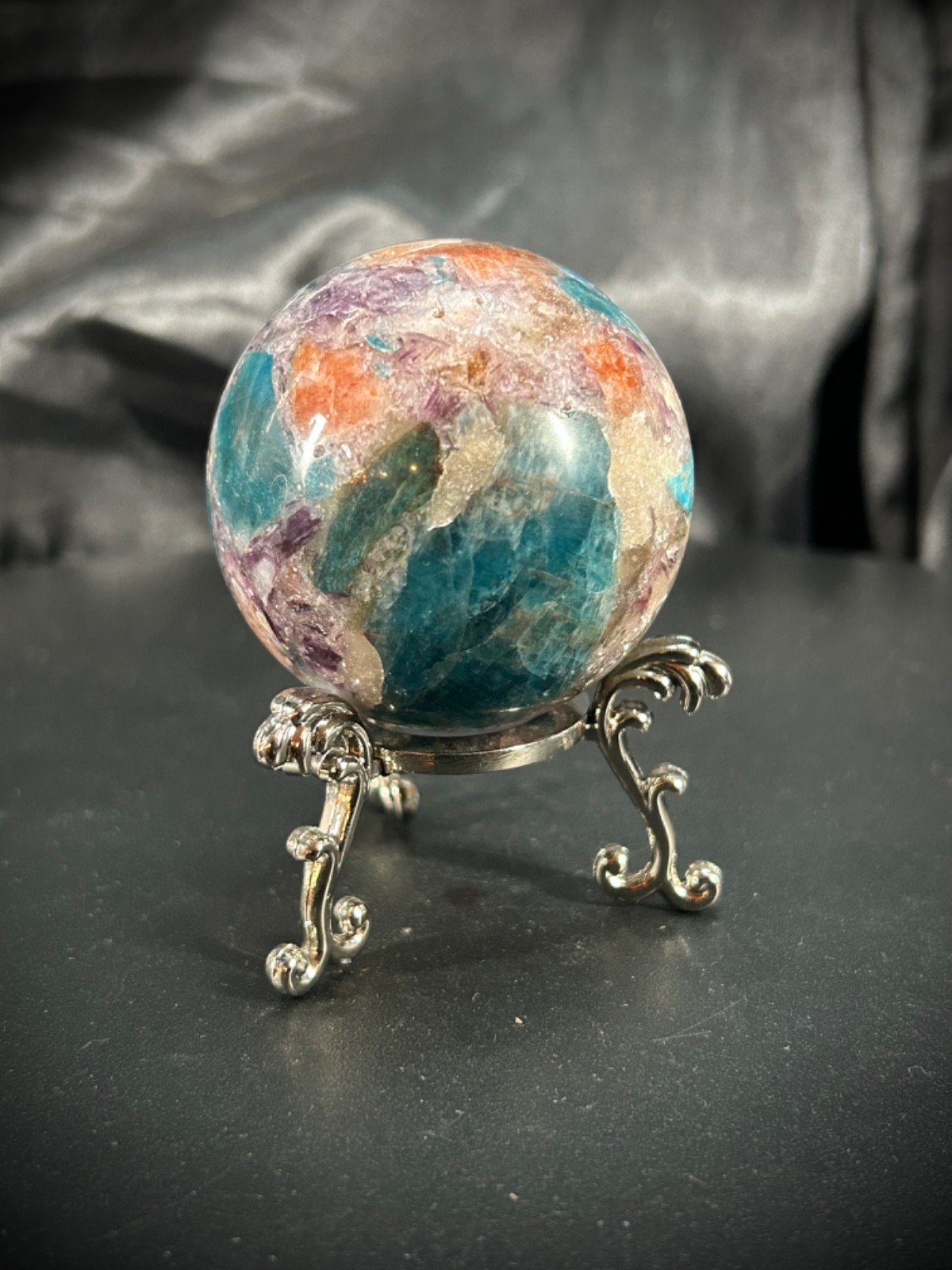 1.95″ Rare Arusha Sunstone, Kyanite, Apatite Confetti Sphere 5.6oz (158 grams)