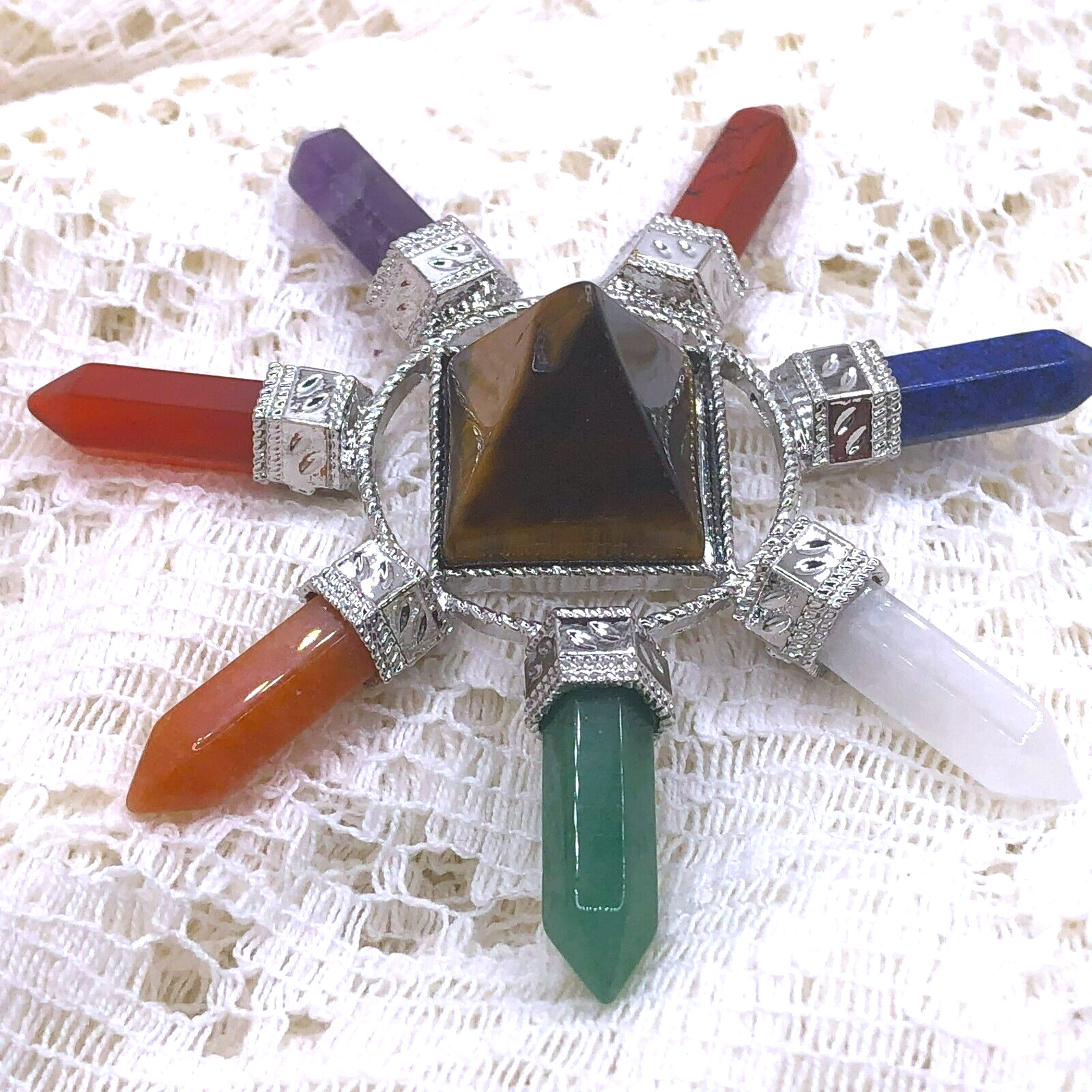 SEVEN CHAKRA STONES -Obelisks with Pyramid Center – ALTAR CENTERPIECE – Wicca 04