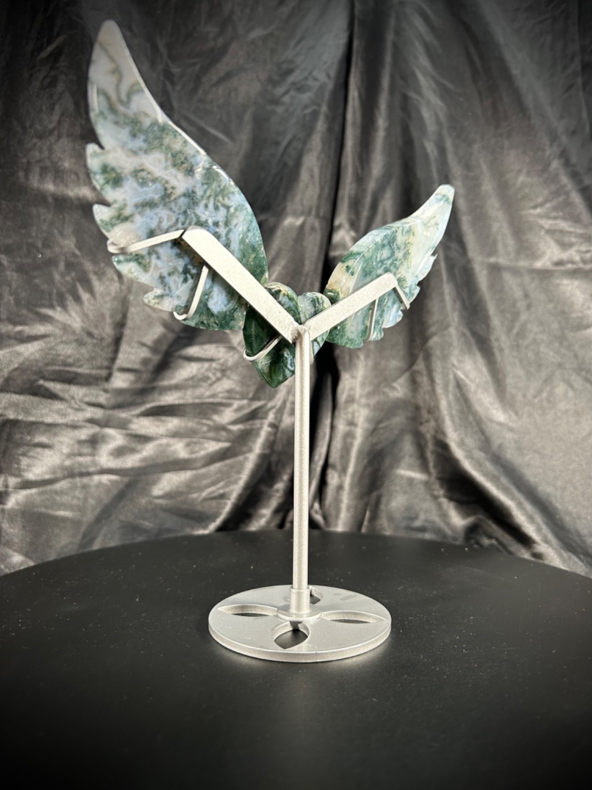 7″ Wingspan Moss Agate Heart/Wings Set With Metal Stand 4.5oz Crystal Weight