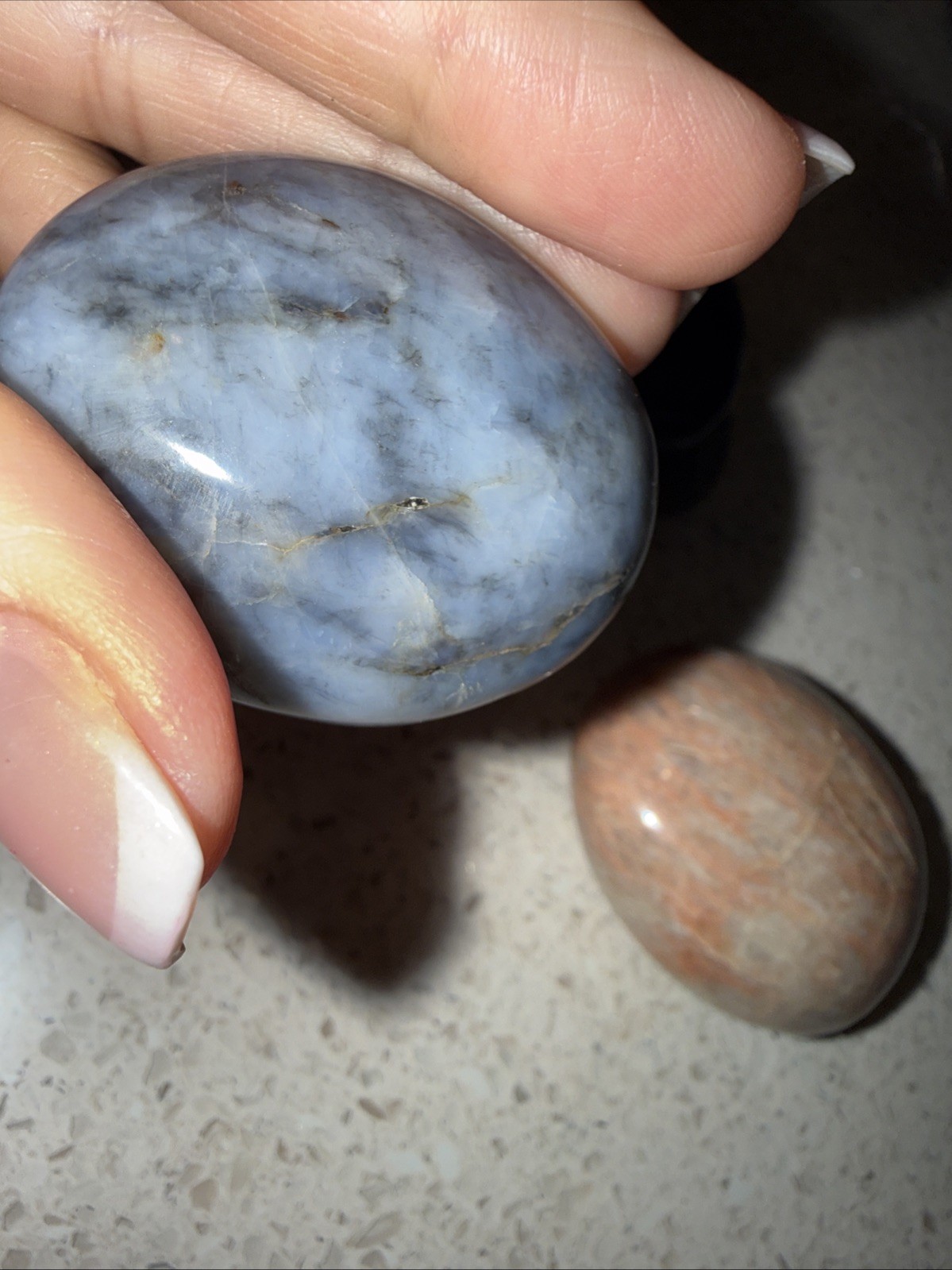 Lot Of 3 Oval Round Shaped Marble Type Stones Gray Blue Tan Orange-