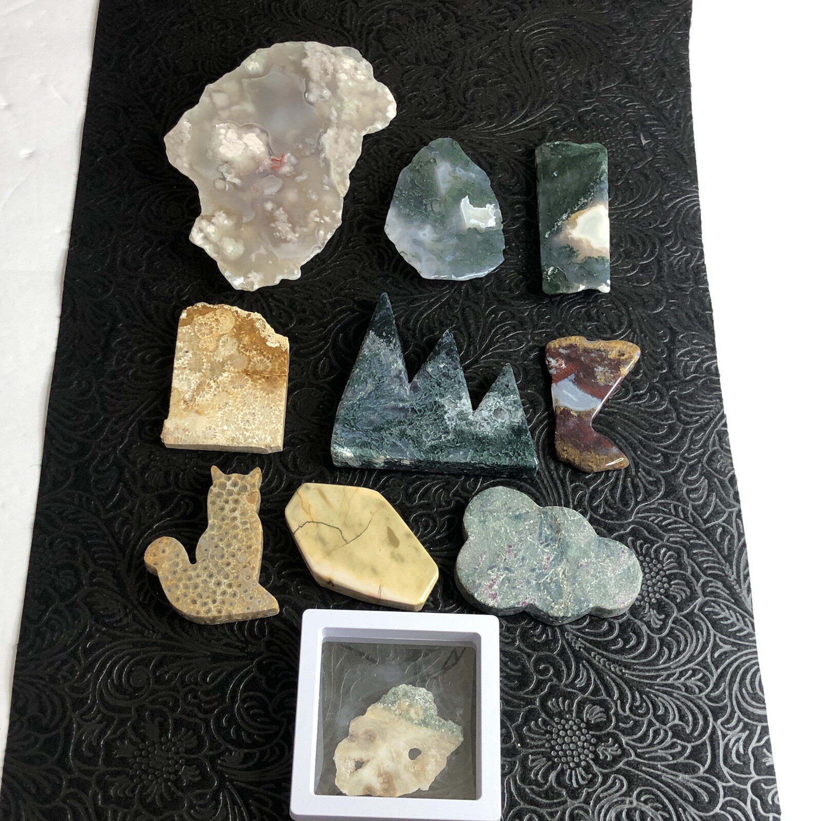 Lot of 10 Carved Stones Pink Flower Moss Agate Fossilized Coral Ruby Fuchsite
