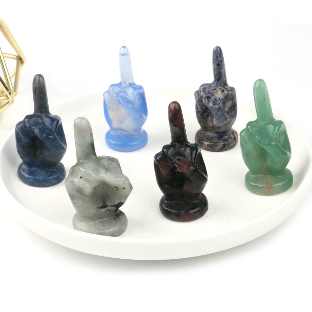 2″ Natural Hand Middle Finger Crystals Carved Statue Stones Tricky Figurine Toys
