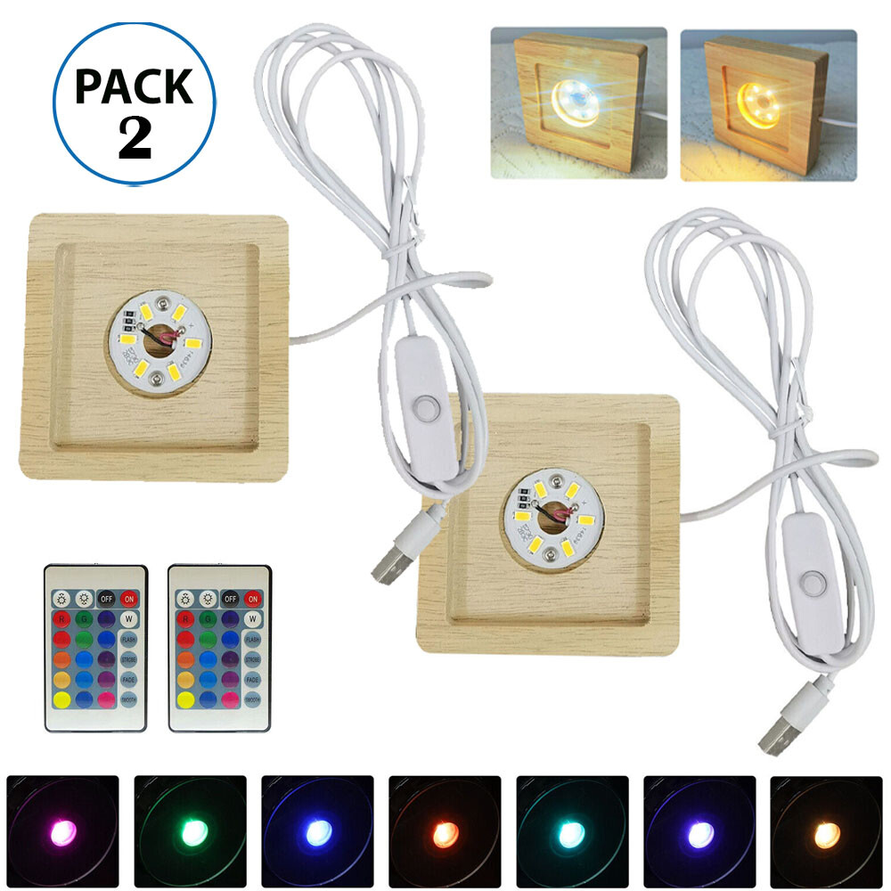 2 Pcs LED Light Adjuatable Color Square Solid Wood Base Holder USB Lamp Display