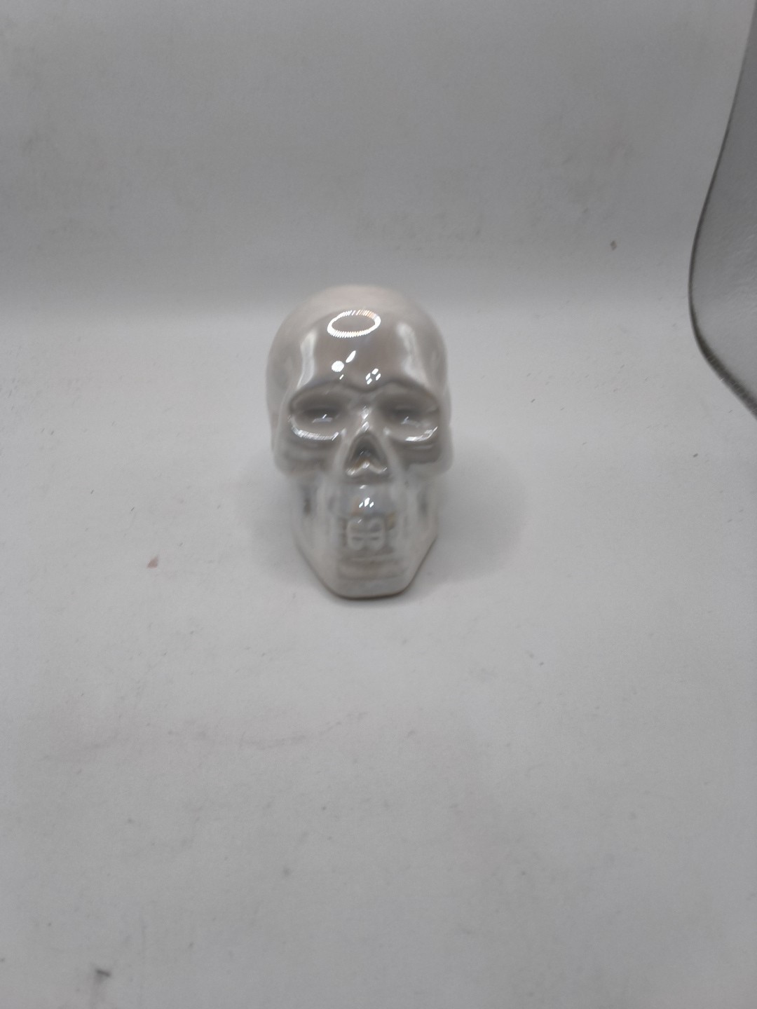 3” Vintage Iridescent White Glazed Porcelain Skull Figurine Halloween Gothic