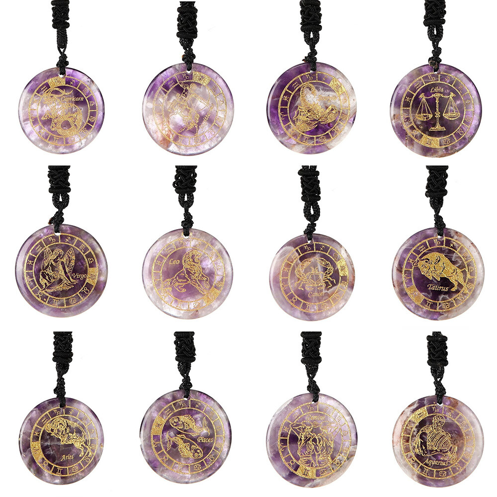 Natural 12 Constellation Zodiac Purple Amethyst Crystal Stone Necklace Pendant