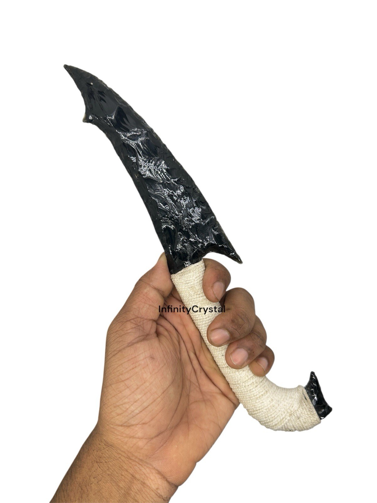 11”Obsidian Knife with White Thread Handle,Hand crafted Dagger, Volcanic Glass.