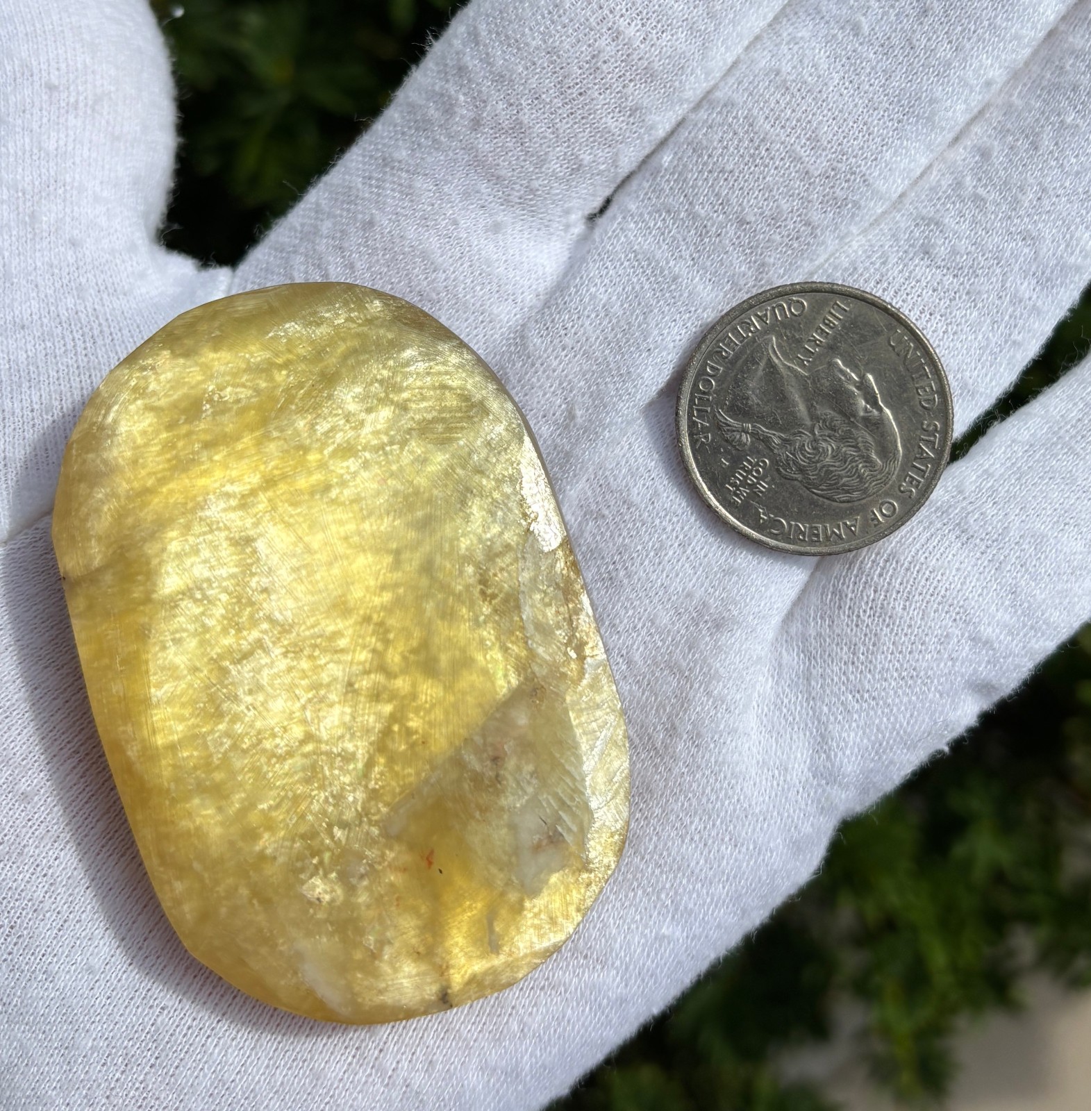 89g UNCOATED YELLOW GOLDEN GOLD MICA PALMSTONE PALM STONE LITHIUM LEPIDOLITE