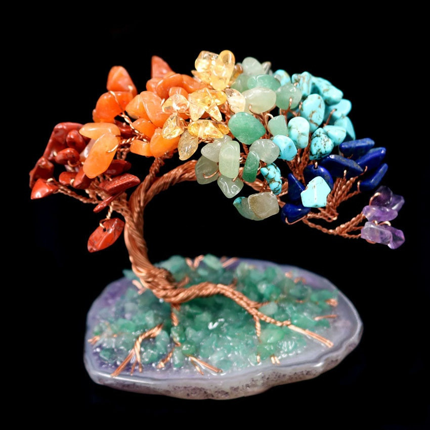Natural Crystal Tumbled Stones Tree of Life Ornament, Reiki Healing Money