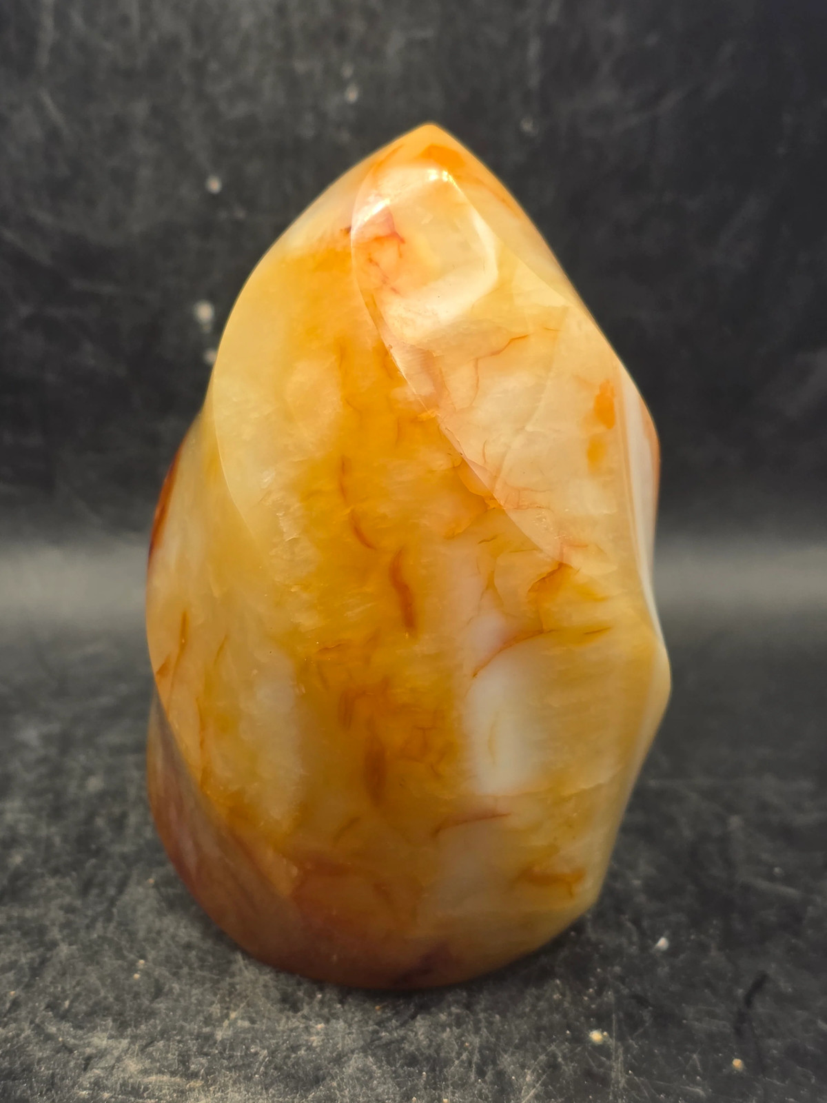 Carnelian agate flame tower! 12 ounces, 3.3 inches tall, 2.2″ wide!