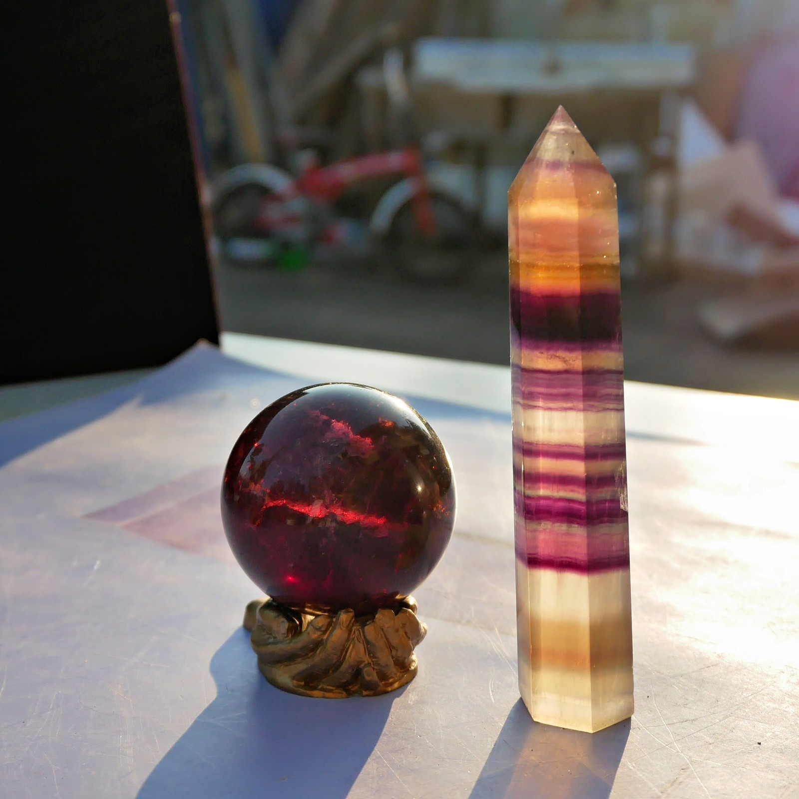 2PCS Natural Rainbow Fluorite Healing Crystal Sphere And Tower Reiki Energy Gift