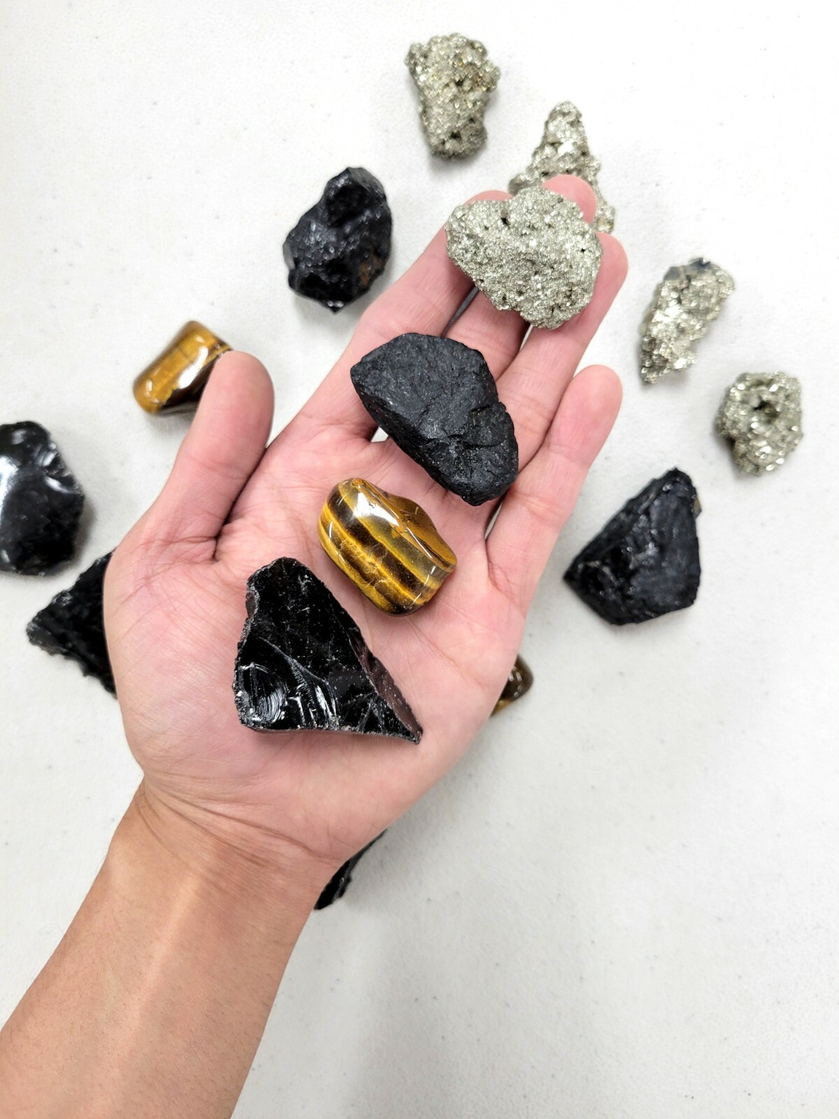 Crystals for Protection Set, Black Tourmaline Pyrite Tigers Eye Black Obsidian