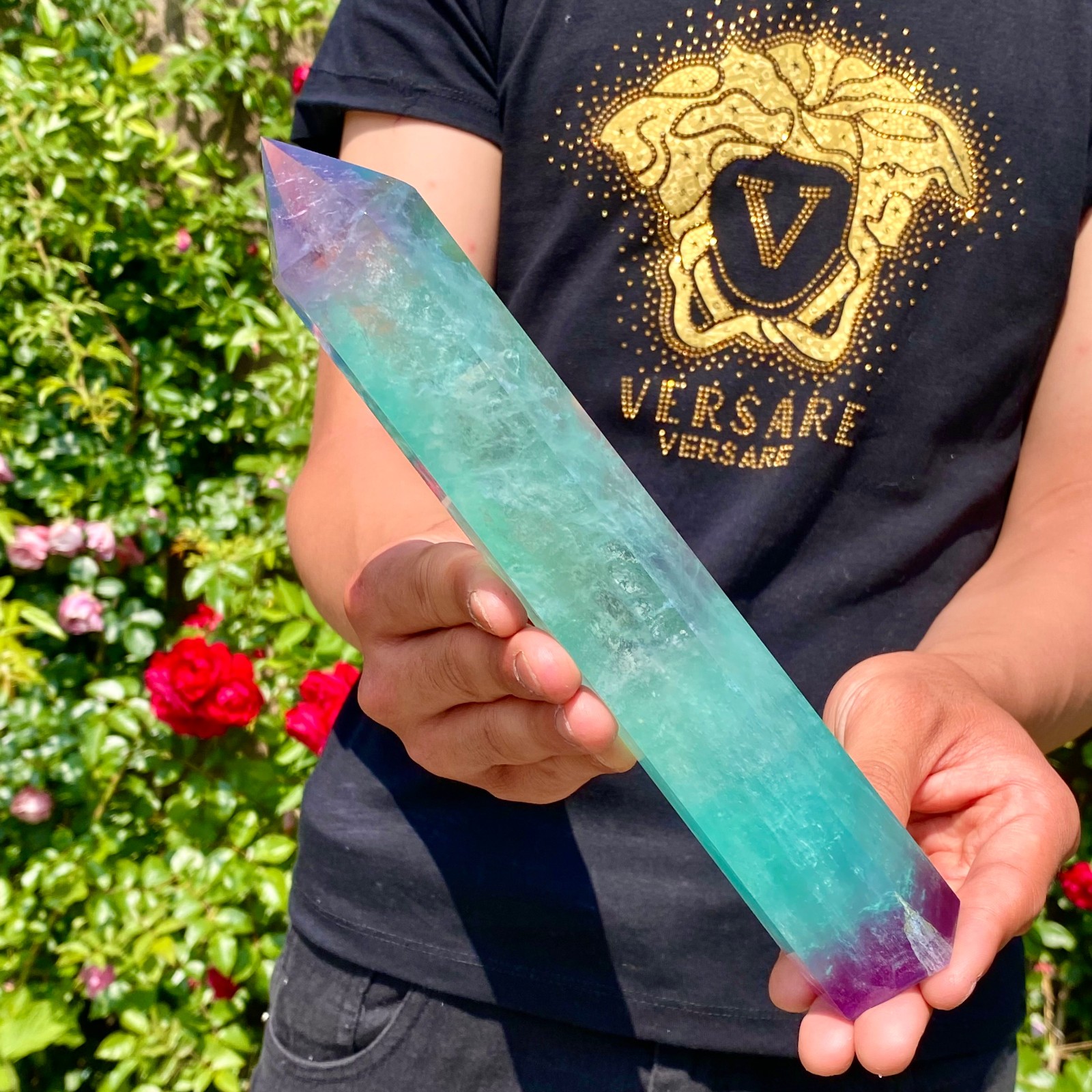 1.8LB Natural rainbow fluorite obelisk quartz crystal wand point Gem Healing