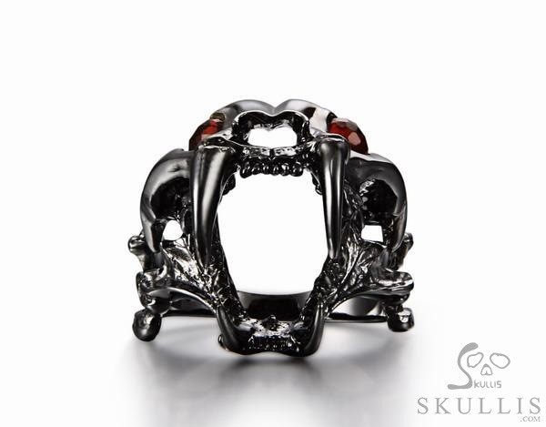 Fang Black Rutanium 925 Sterling Silver Plated Sabertooth Skull Ring with Garnet
