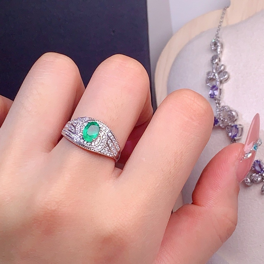 Natural emerald Gemstone open Adjustable Ring S925 Silver Plated 18K White Gold