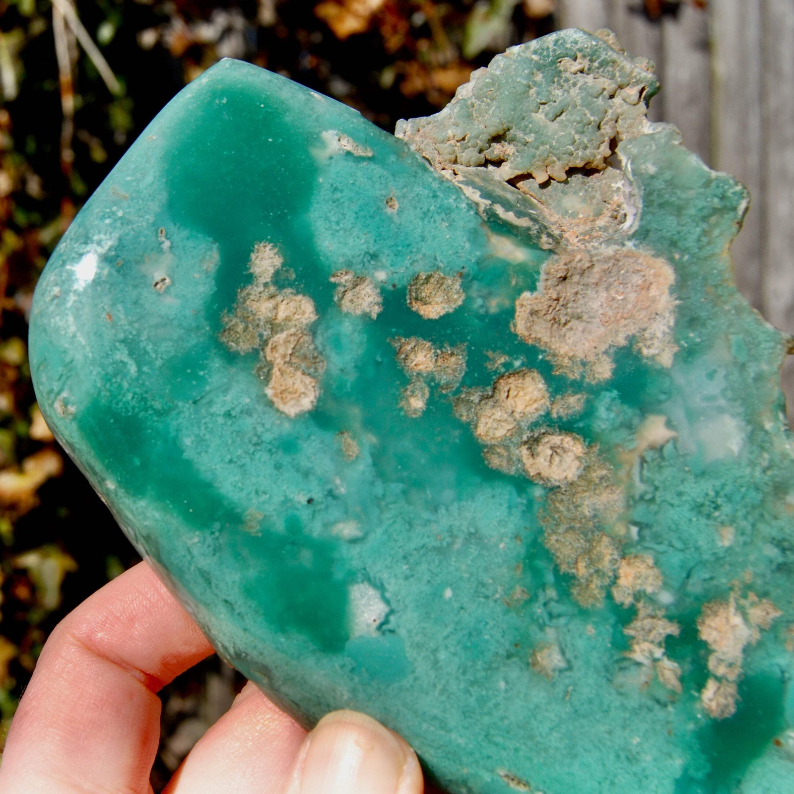 6.75in 436g XL Mtorolite Chrome Chalcedony Crystal Slice, Zimbabwe mtl6
