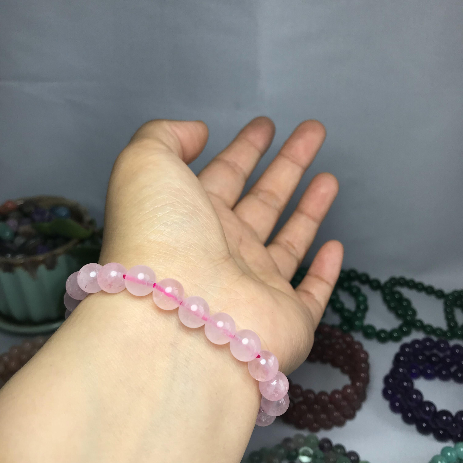 8mm-9mm Top Natural pink crystal gemstone Crystal chain beads bracelet 19g A5268