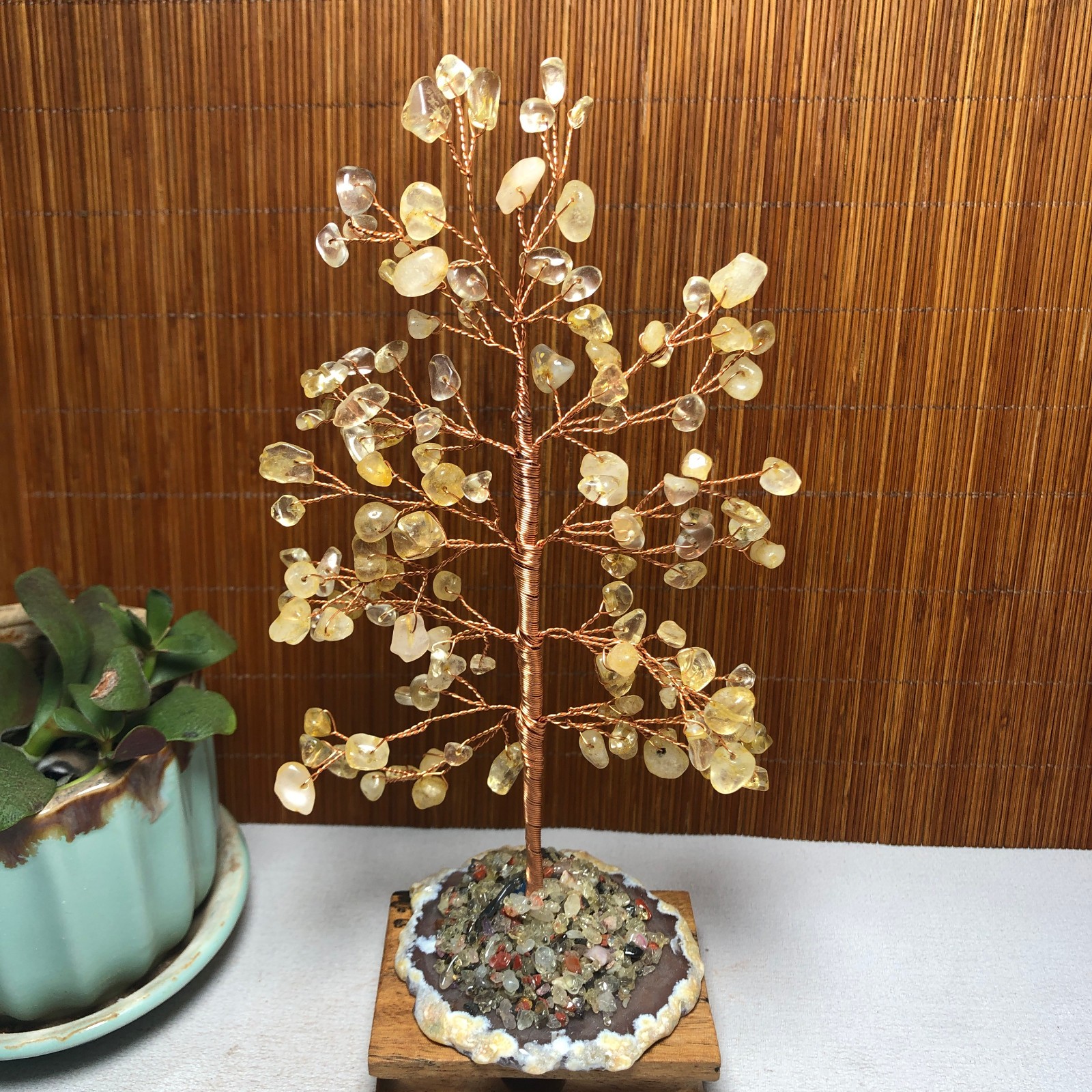 178mm Natural Wealth Tree yellow crystal gravel agate slice base 124g A1404