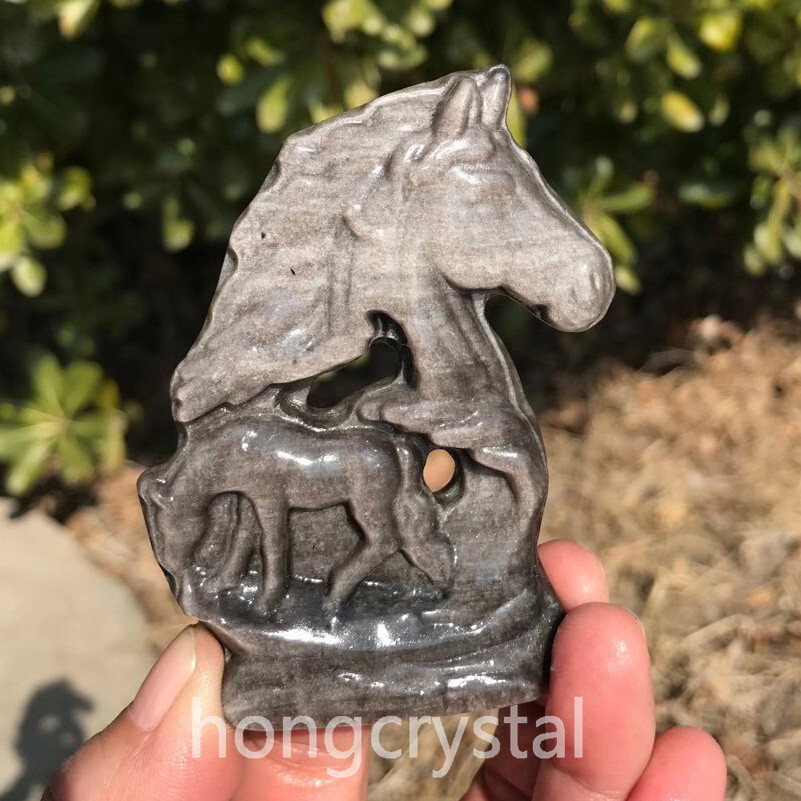1pc Natural Silver Obsidian Quartz Hand Caved Horse skull Crystal Reiki healing