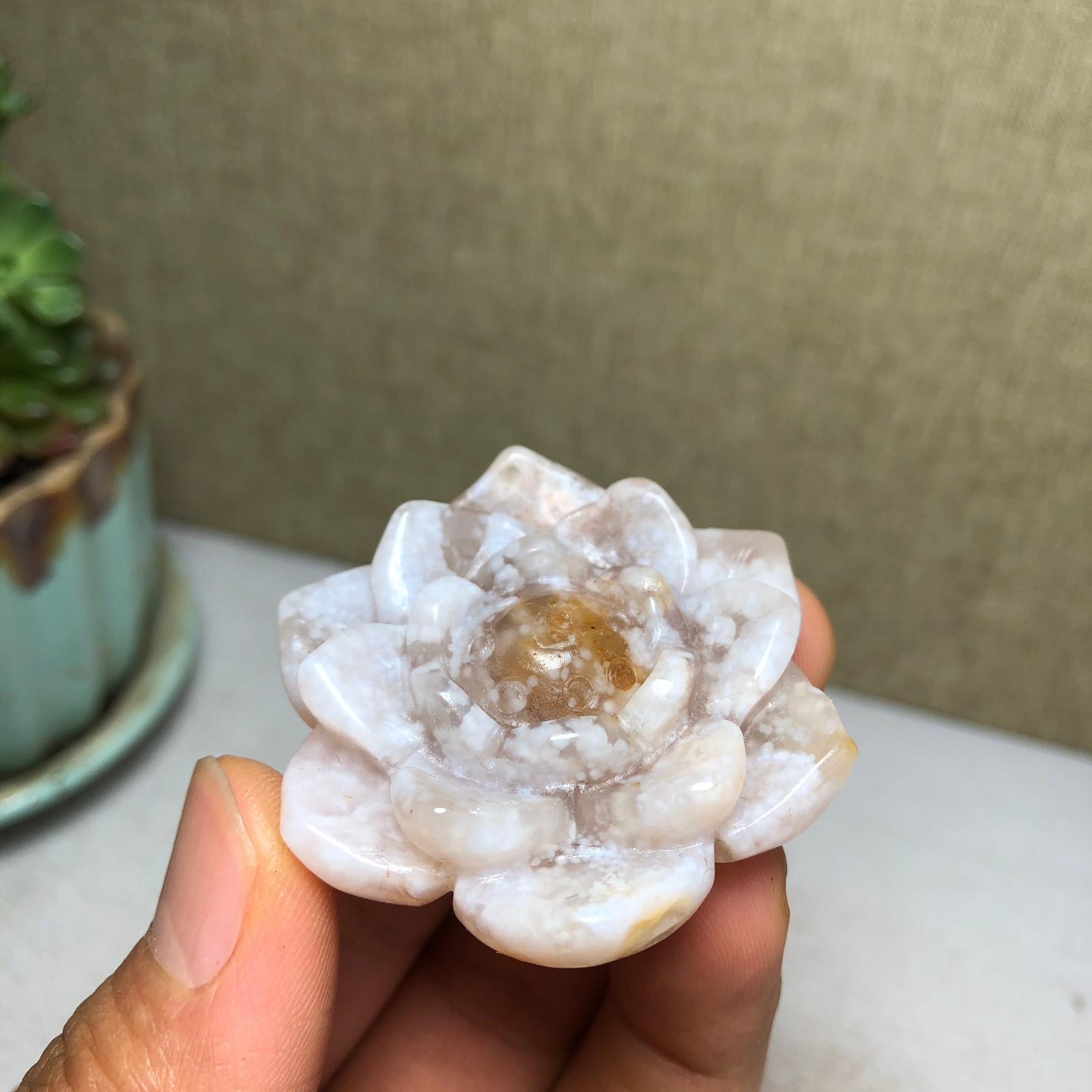 44mm Natural cherry blossom agate Hand carved flower Crystal specimens 38g A4456