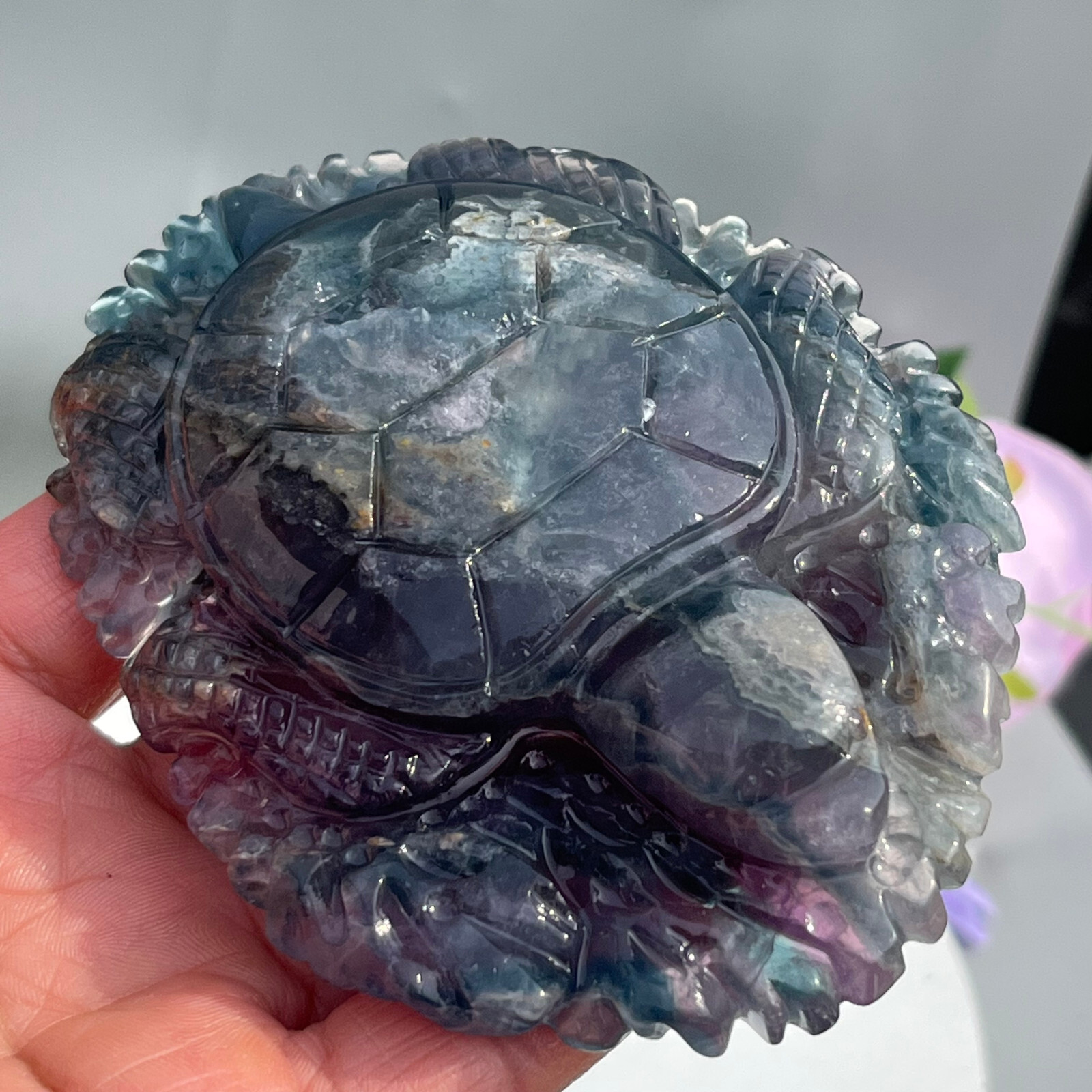 294g Natural Color fluorite Quartz Crystal sea turtle Skull Reiki Healing Gift