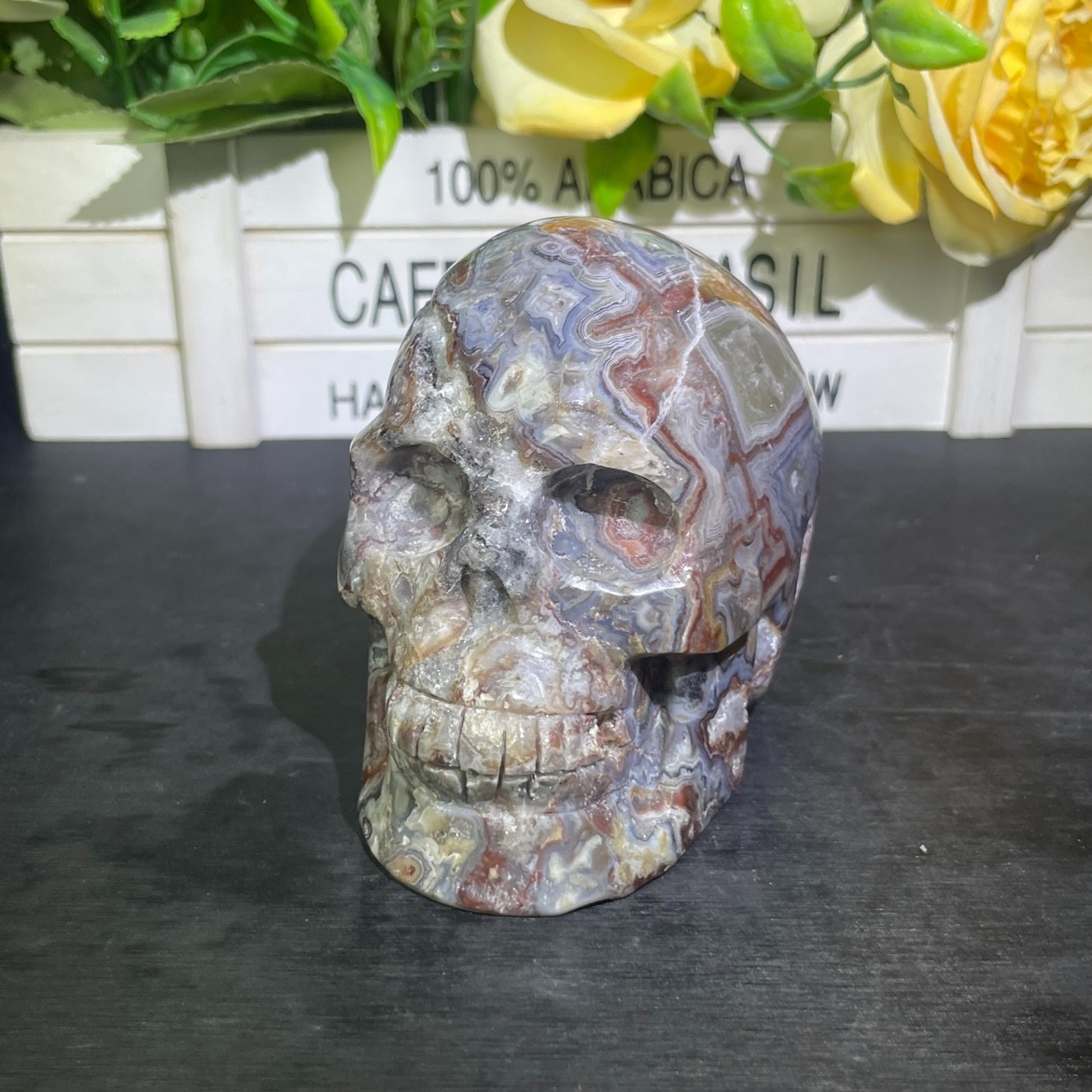1.7LB 3.9″ Natural Mexican Agate Skull Carved Crystal Reiki Quartz Healing