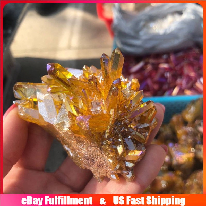 50g Natural Yellow Aura Titanium Stone Quartz Crystal Cluster Geode Specimens US