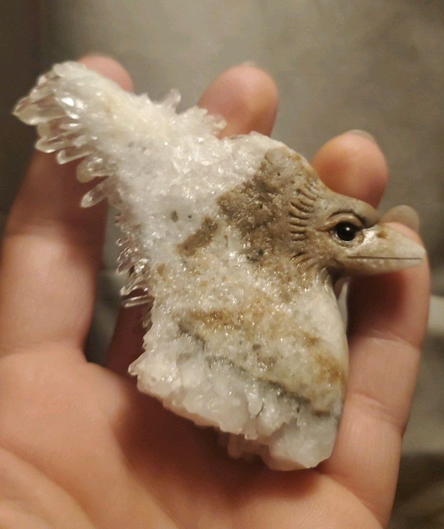 Carved Signed Pointed Quartz Crystal Cluster Bird Crystal Figure