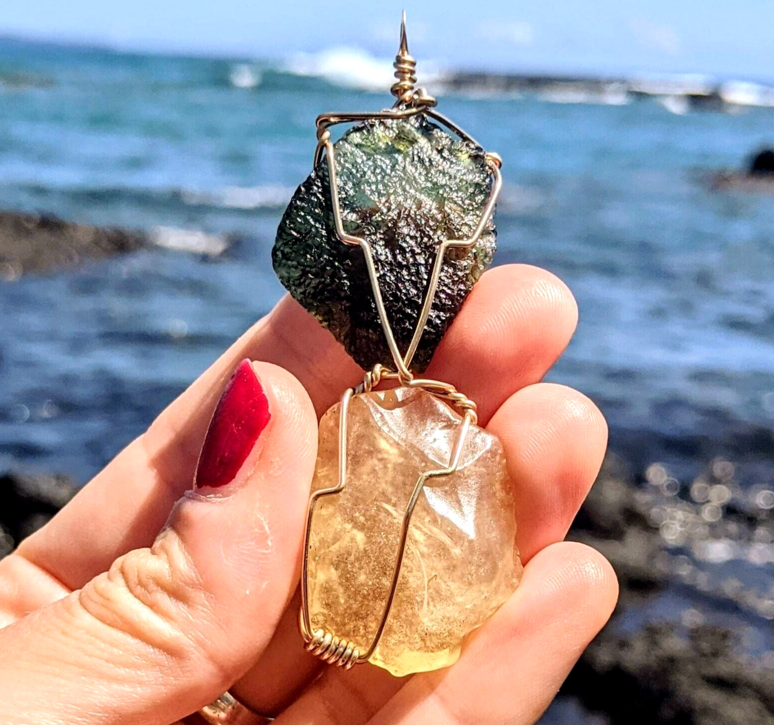 LARGE MOLDAVITE & LIBYAN Desert Glass Tektite Pendant Gold Synergy 12 Meteorite