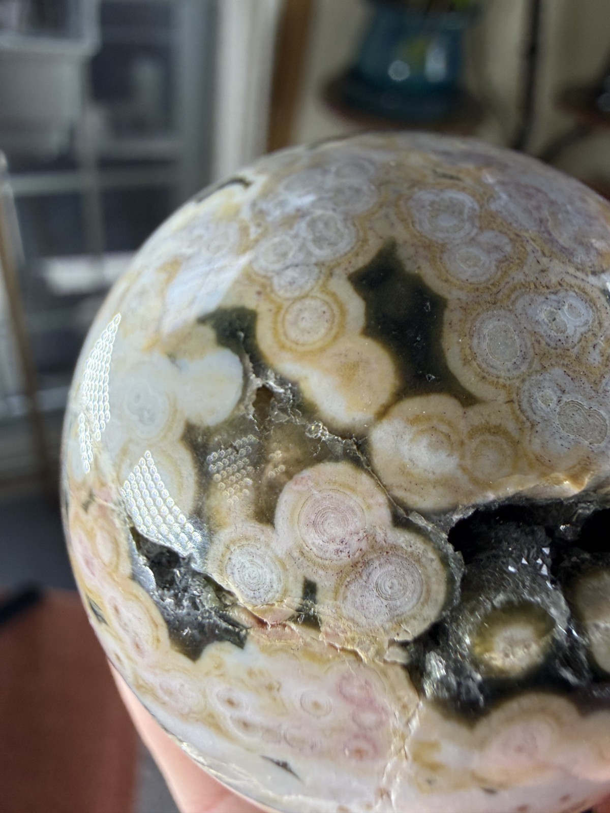 8th Vein Ocean Jasper Sphere – Pink, Green, Gold & White – Druzy Caves – 5.47 oz
