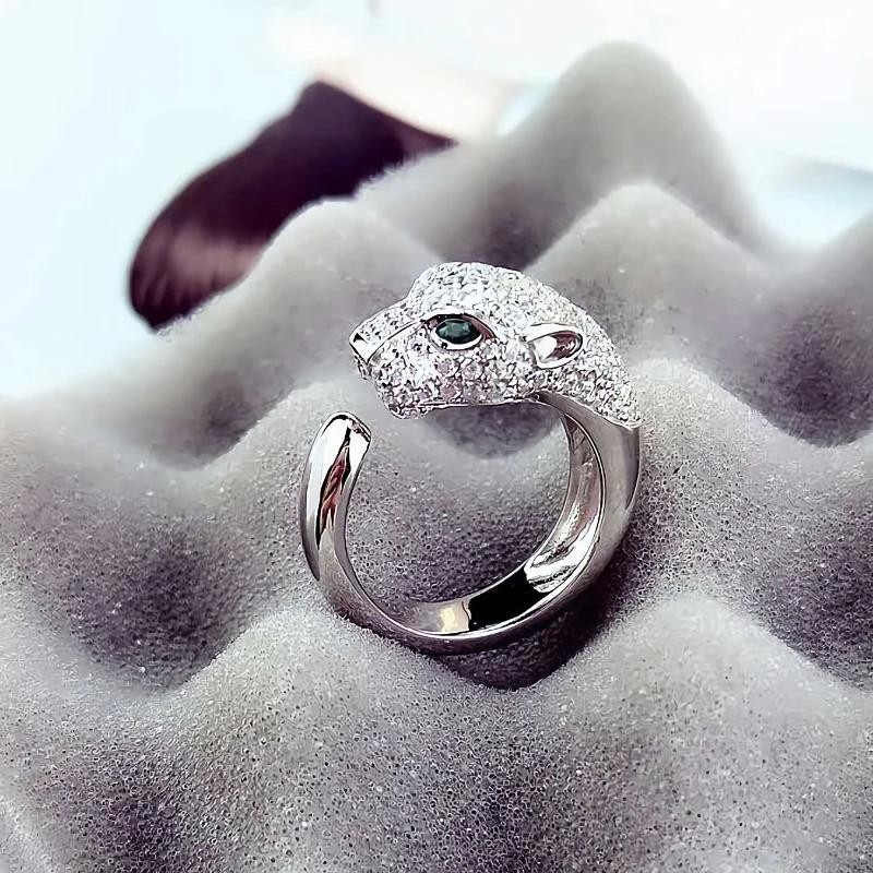 Noble 925 Sterling Silver Leopard Head Ring Crystal Jewelry for Women and Men