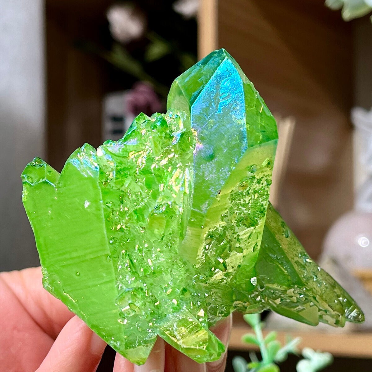 Titanium Aura Green Crystal Rainbow Healing Cluster Geode Rock Decor Gift
