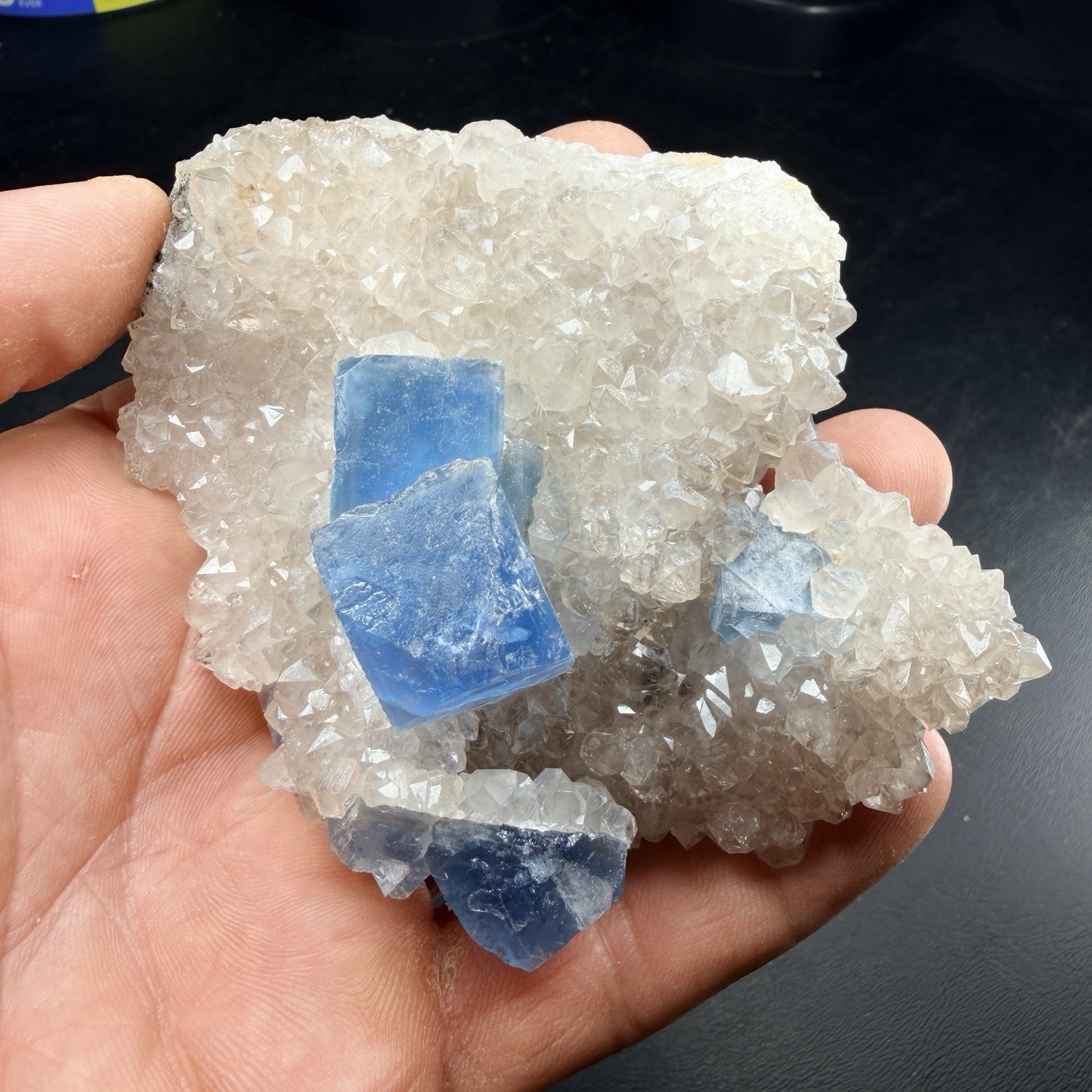 Blue Fluorite Crystals on Quartz Crystal Cluster / New Mexico *VIDEO*