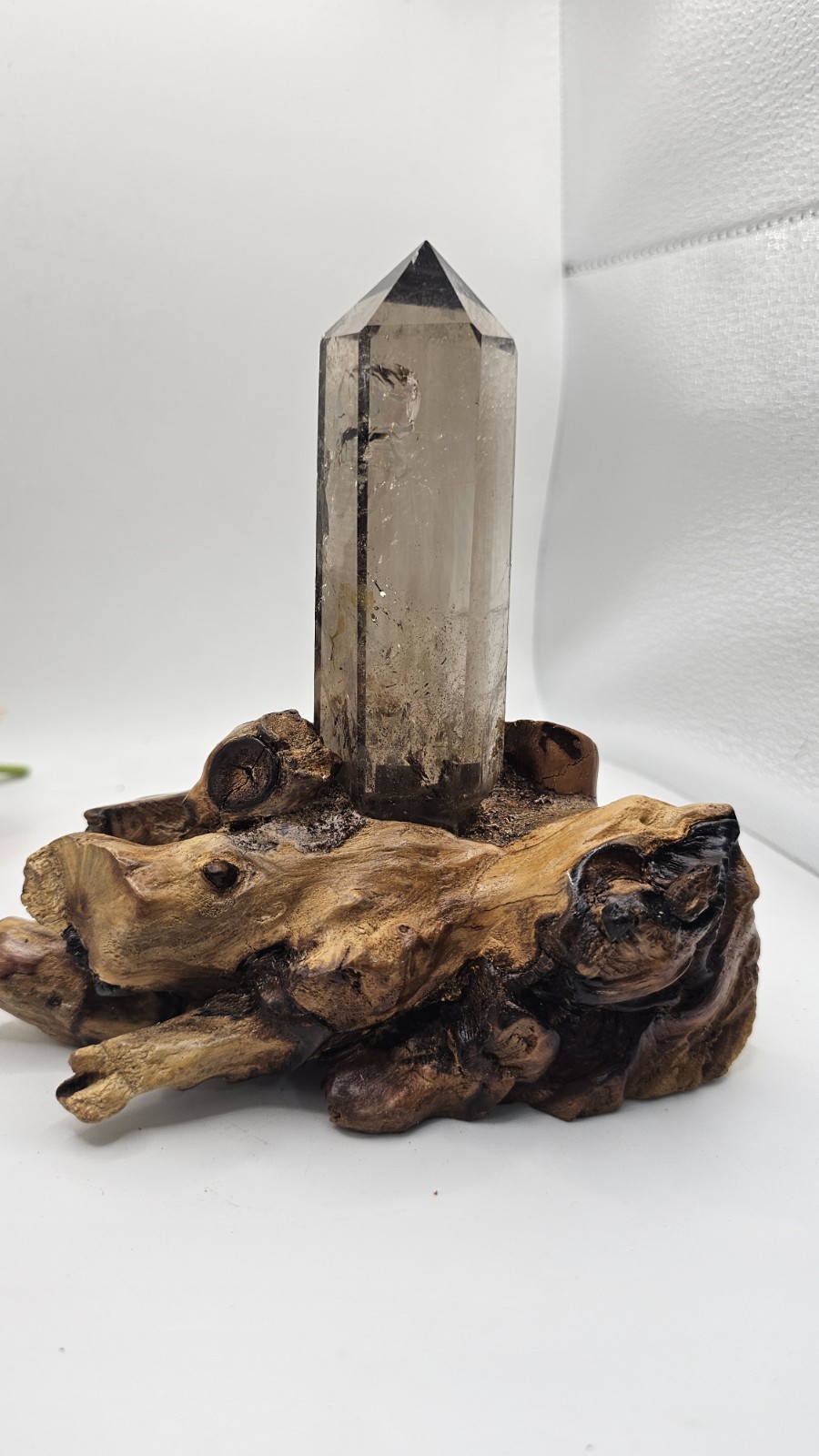 A Grade Smokey Quartz Freeform On Wood Root Base Point 261g 15.5cm smoky