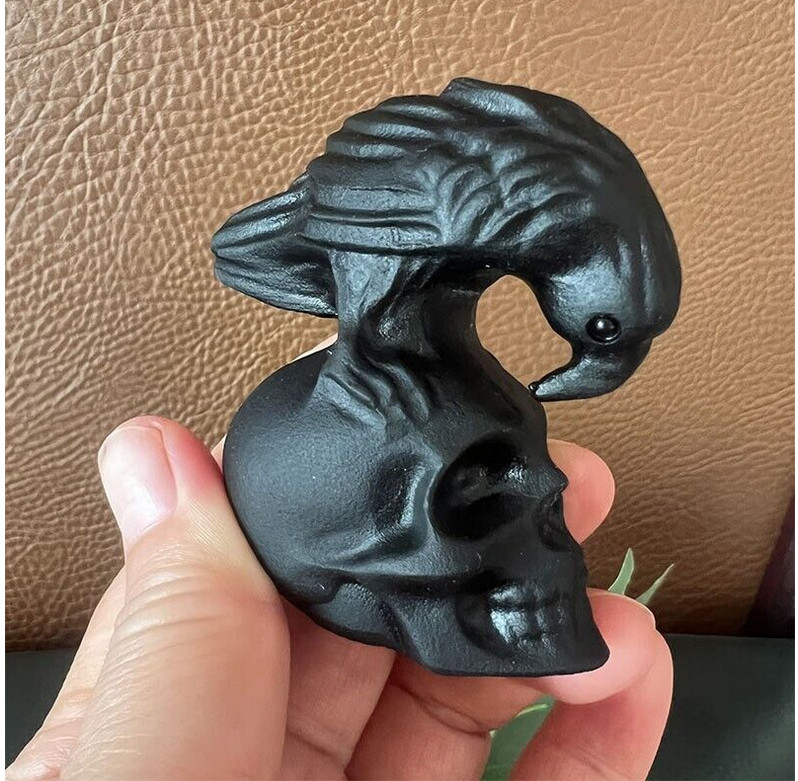 TOP ! Natural Hand Carved Obsidian Crow Skull Crystal Quartz Reiki Healing 1PC