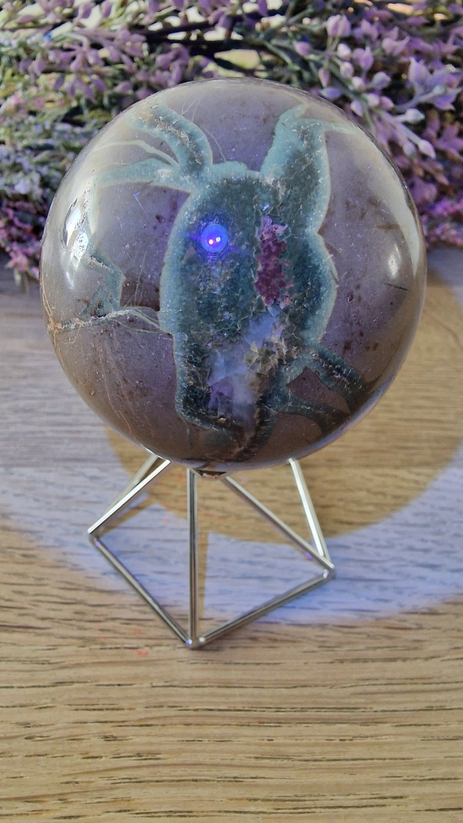 Septarian Dragon Crystal Sphere With UV Reaction 60mm 313g Free Stand