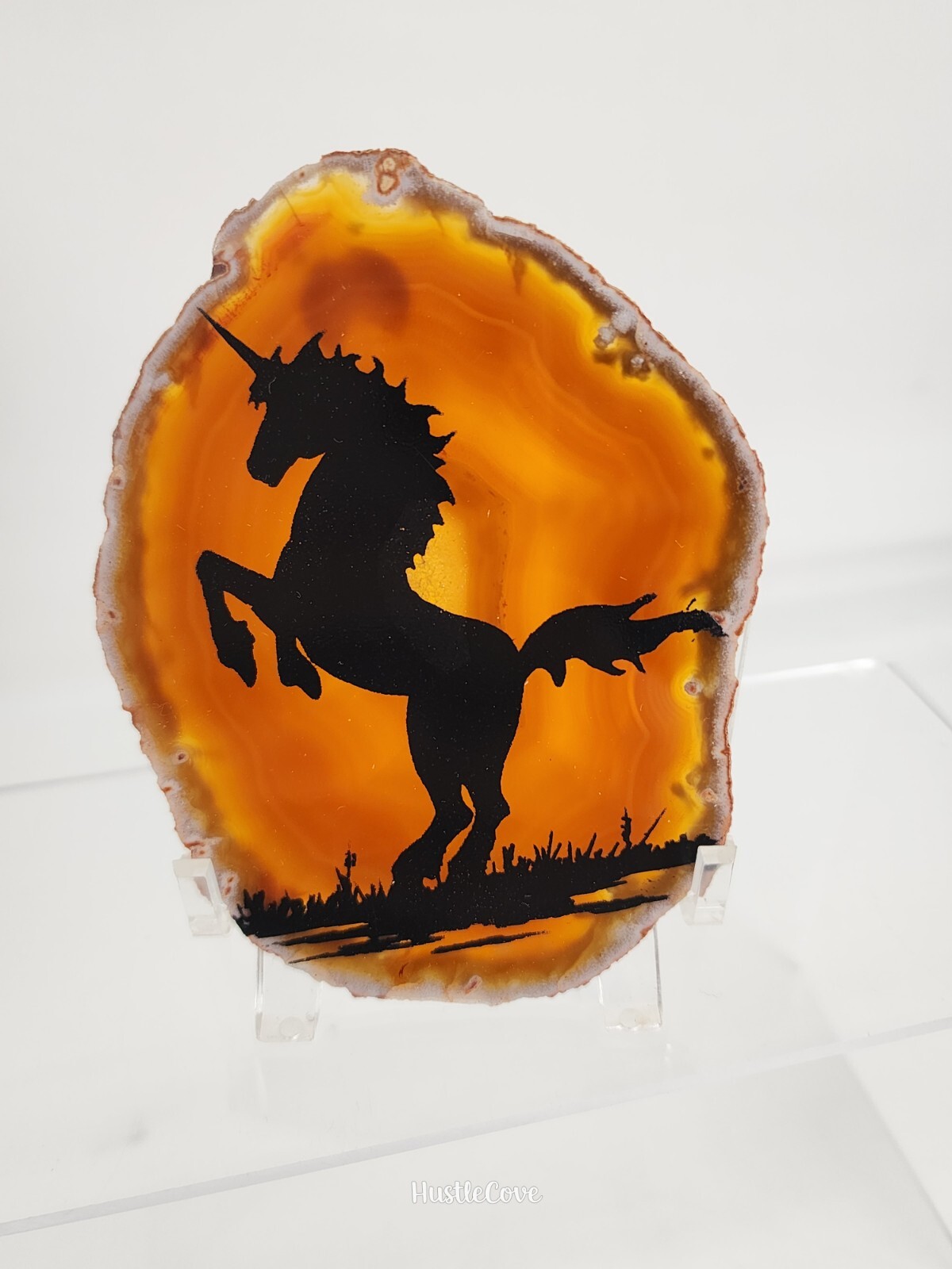 Unicorn Painted Agate Slice Black Silhouette 4 in x 3 in