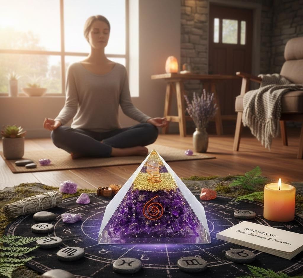 Large Amethyst Orgonite Pyramid EMF Protection Chakra Healing Energy Generator