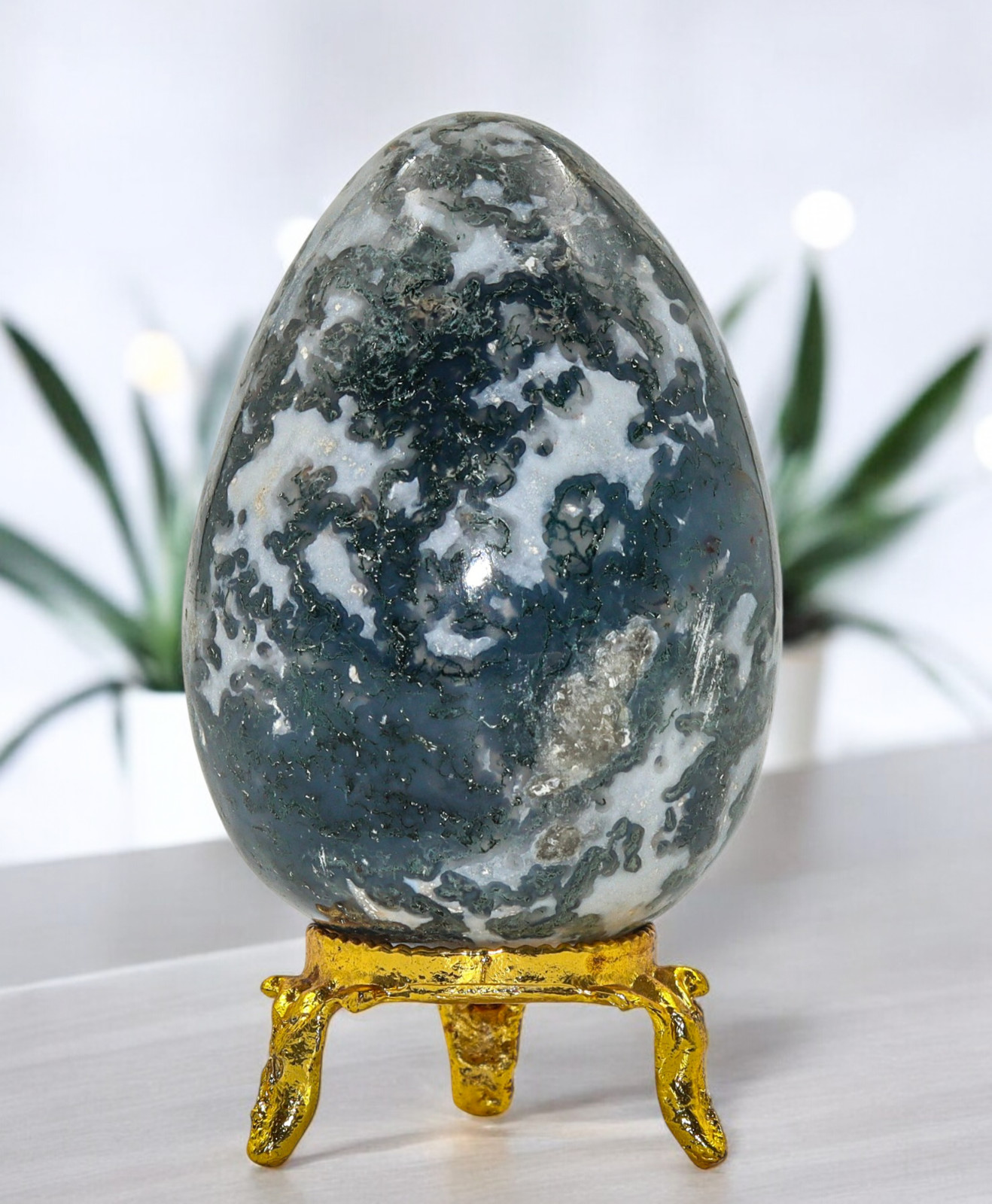 Green MOSS AGATE Crystal Stone Healing Reiki Aura Gemstone Decor EGG Gift 60mm