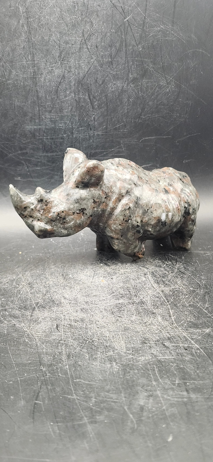 Flame stone “yooperlite” rhino! 8.5 ounces, 4 inches long, 2 tall